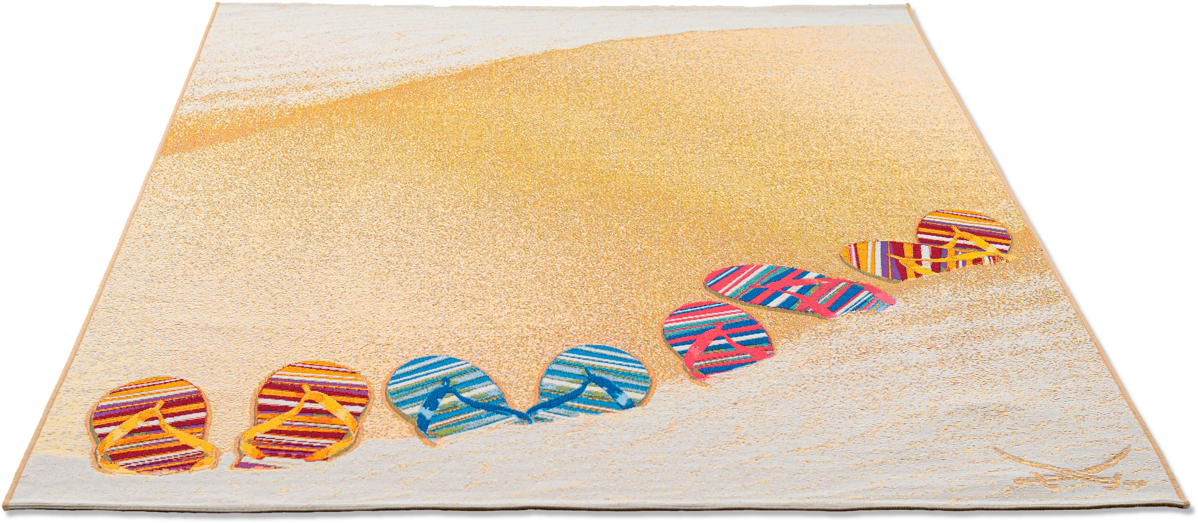 Sansibar Teppich »Rantum Beach SA-017«, rechteckig, 5 mm Höhe, Flachgewebe, modernes Design, Motiv Badelatschen, Outdoor geeignet