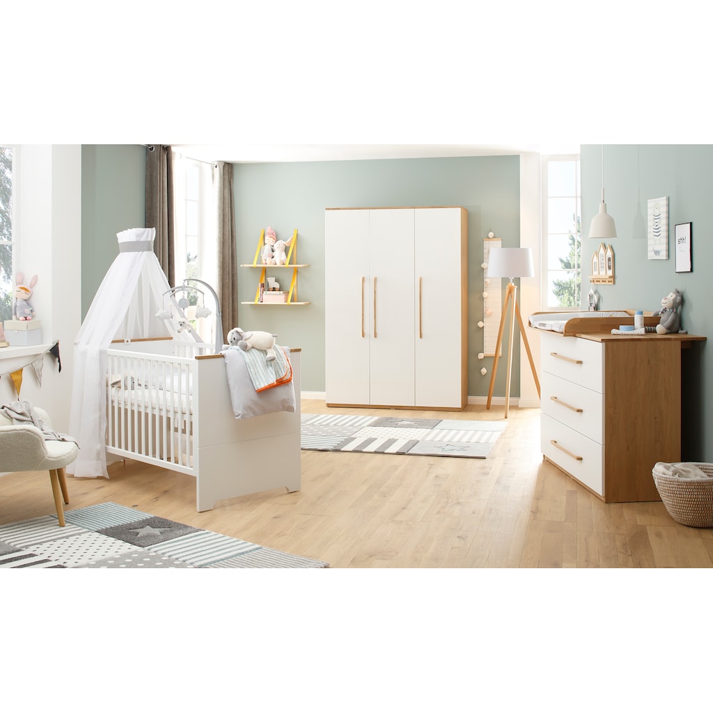 Lüttenhütt Babyzimmer-Komplettset »Lauris, weiß/eiche«, (Set, 3 St., Kinderbett, Schrank, Wickelkommode)