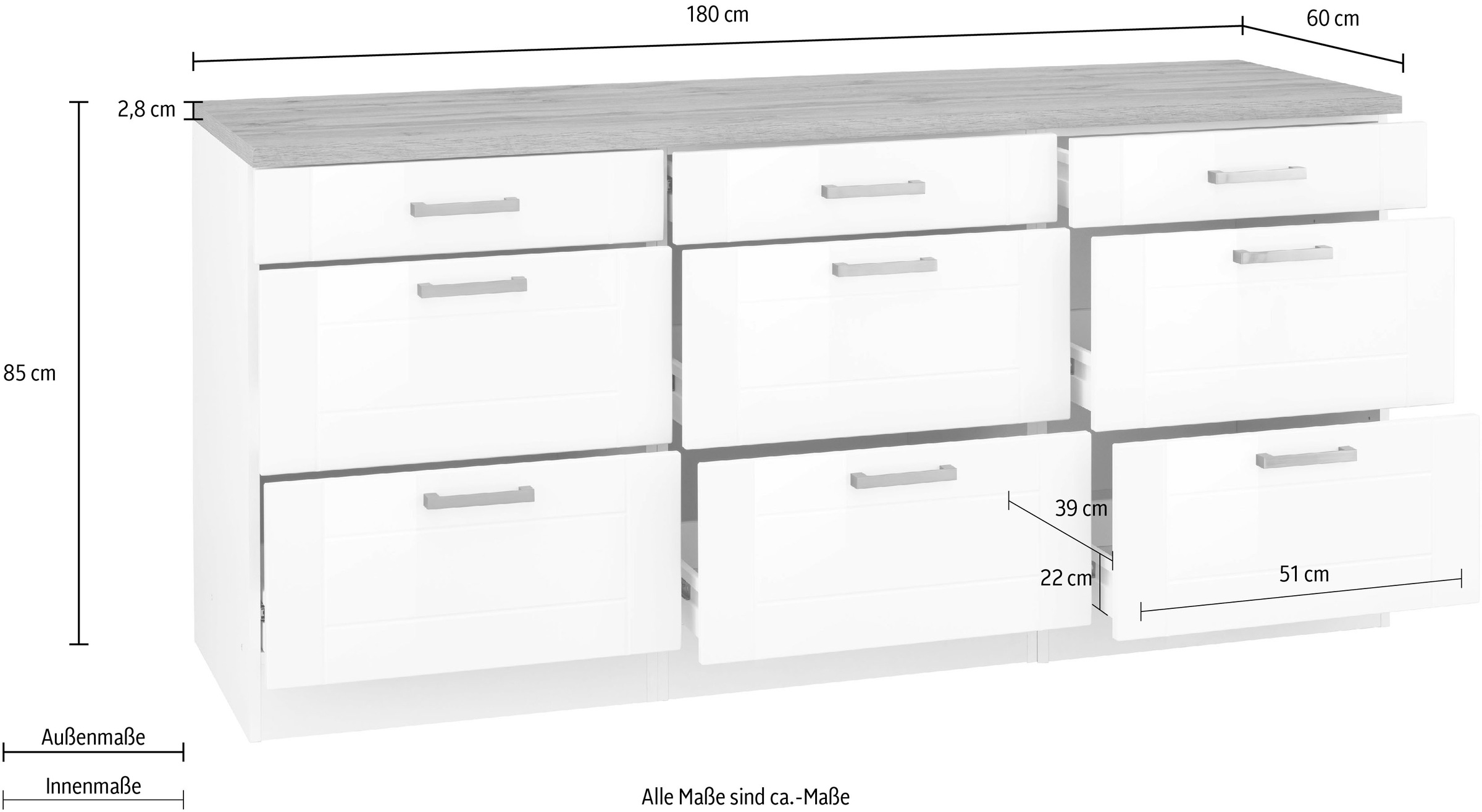 Fronten, HELD MÖBEL 180 Rechnung breit, cm 6 3 bestellen auf Auszüge »Tinnum«, Schubkästen, Metallgriffe, Unterschrank MDF mit