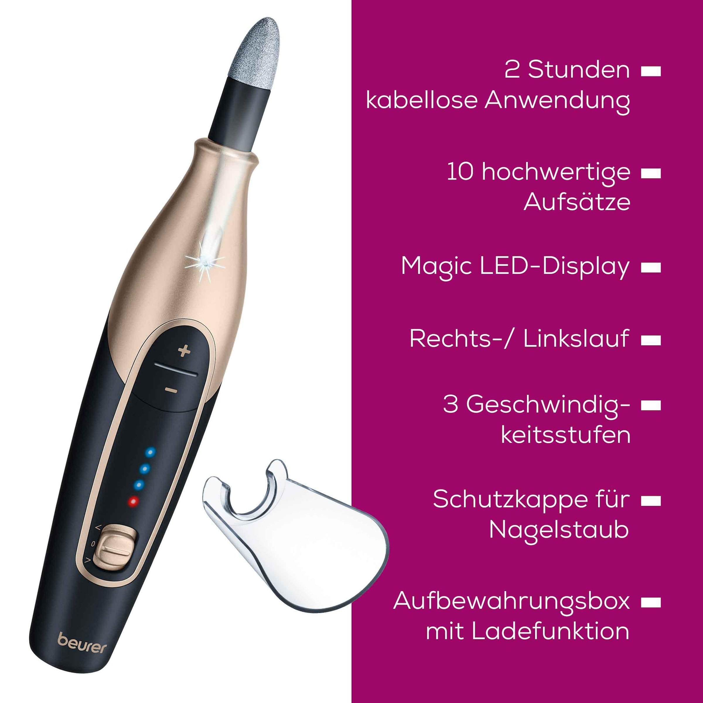 BEURER Maniküre-Pediküre-Set »MP 84 elektrische Nagelfeile, kabellos mit Lade- und Aufbewahrungsetui«, Mit 10 Aufsätzen aus Saphir und Filz, LED Licht und Schutzkappe