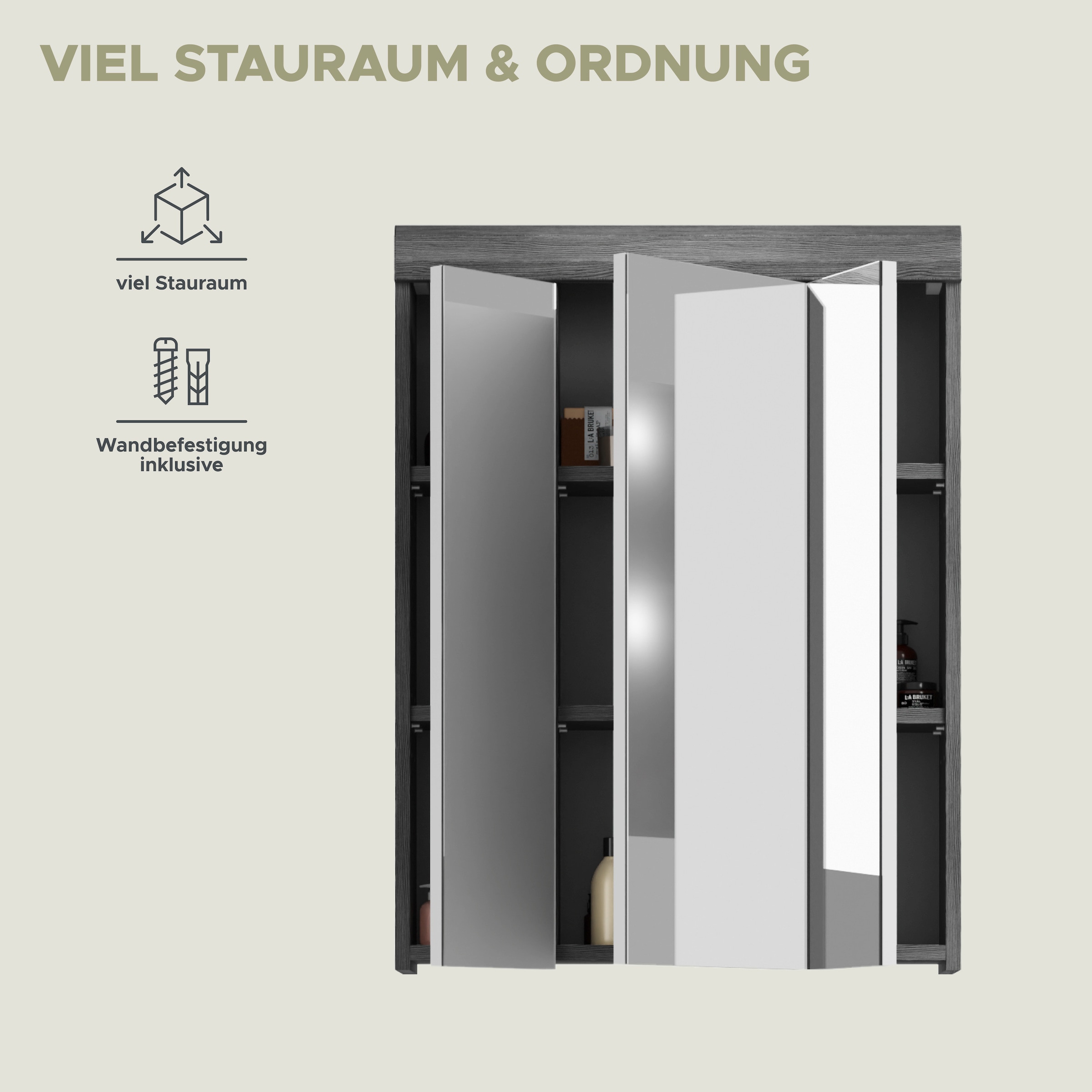 INOSIGN Badezimmerspiegelschrank »Siena, Breite 60cm, 3 Spiegeltüren, 9 Fächer, 6 Einlegeböden«, in verschiedenen Farben erhältlich, Badmöbel, Spiegel, Badschrank, Bad