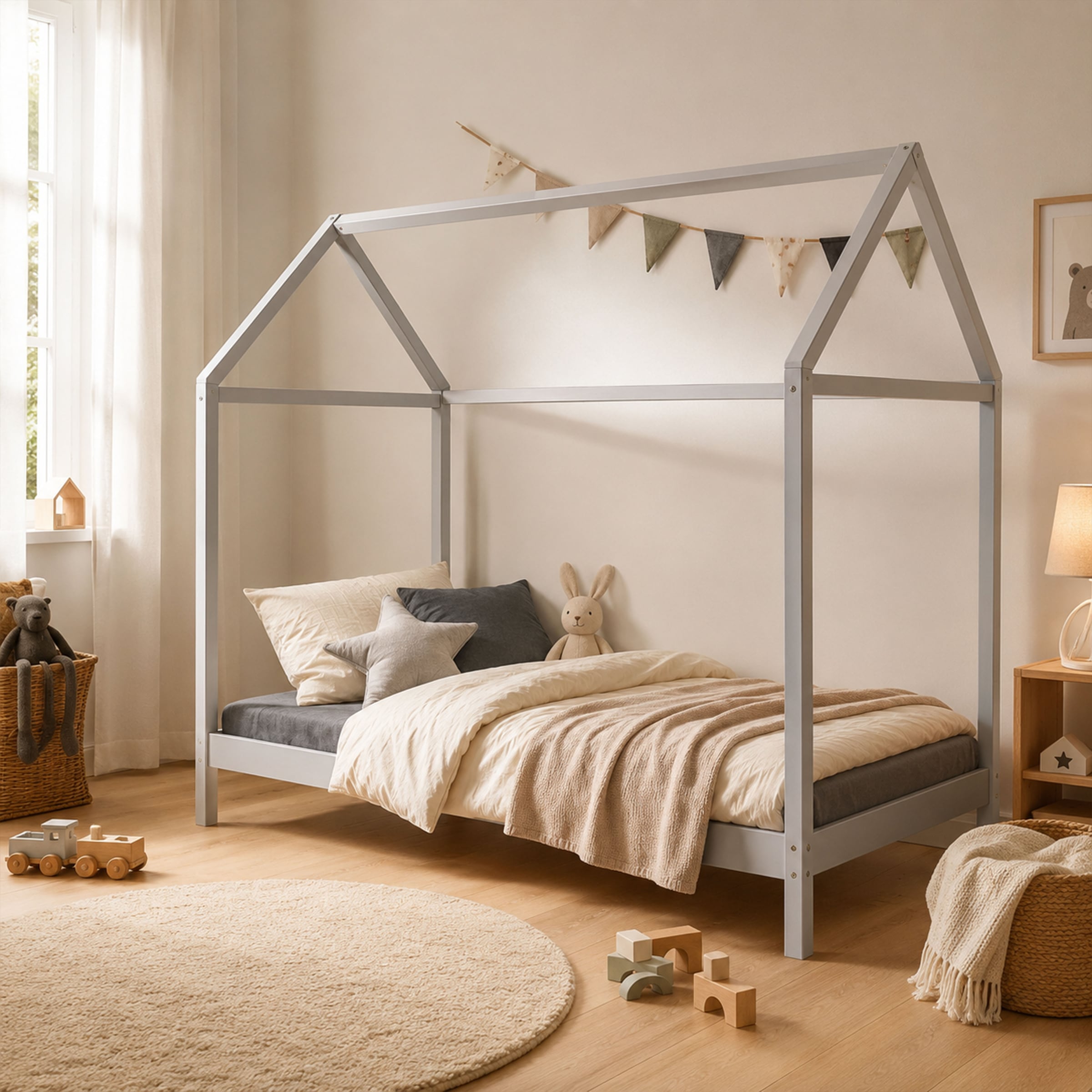 Inter Link Hausbett »Sun Road, Kinderbett, Holzbett für Kinderzimmer, Himmelbett« Spielbett aus Kiefer Massiv, ohne Lattenrost, 90 x 200 cm