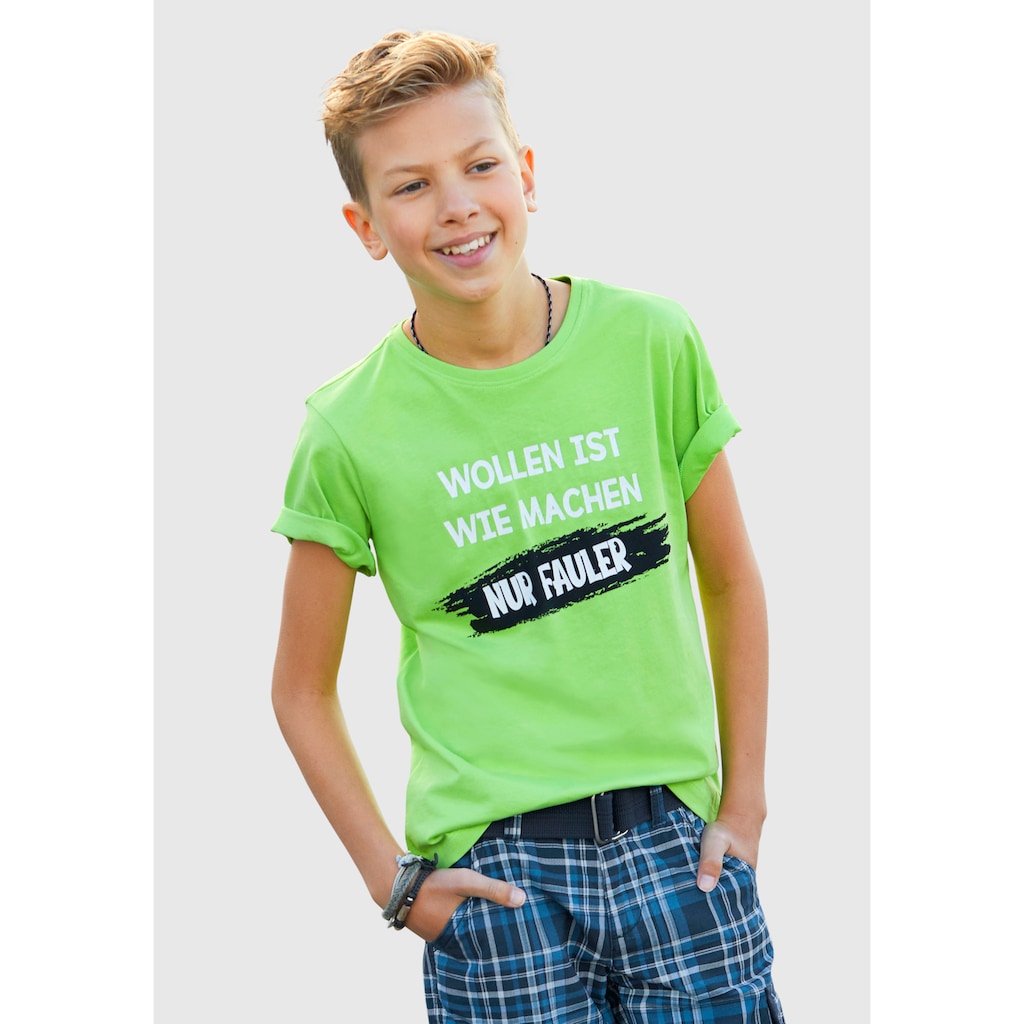 KIDSWORLD T-Shirt »WOLLEN IST WIE MACHEN....«, Spruch