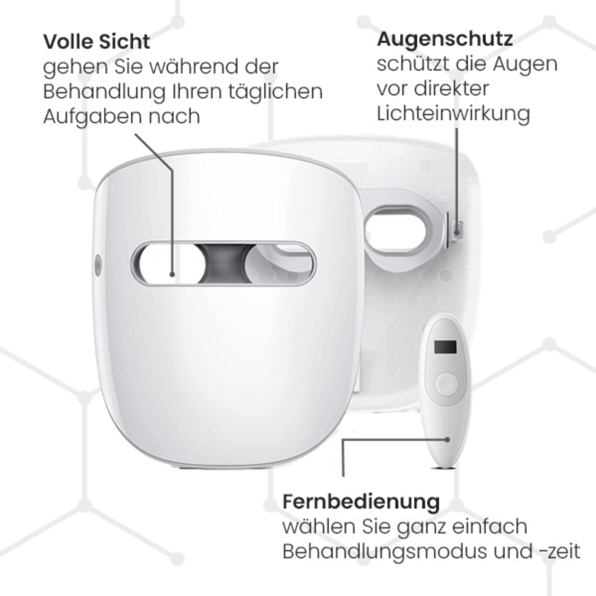 TensCare Gesichtsmassagegerät »Glowmask Gesichtsmakse mit LED«, (5 tlg., LED Maske inkl. Fernbedienung, USB-Ladekabel und Reisetasche), Drei Lichtarten für geziehlte Hautpflege