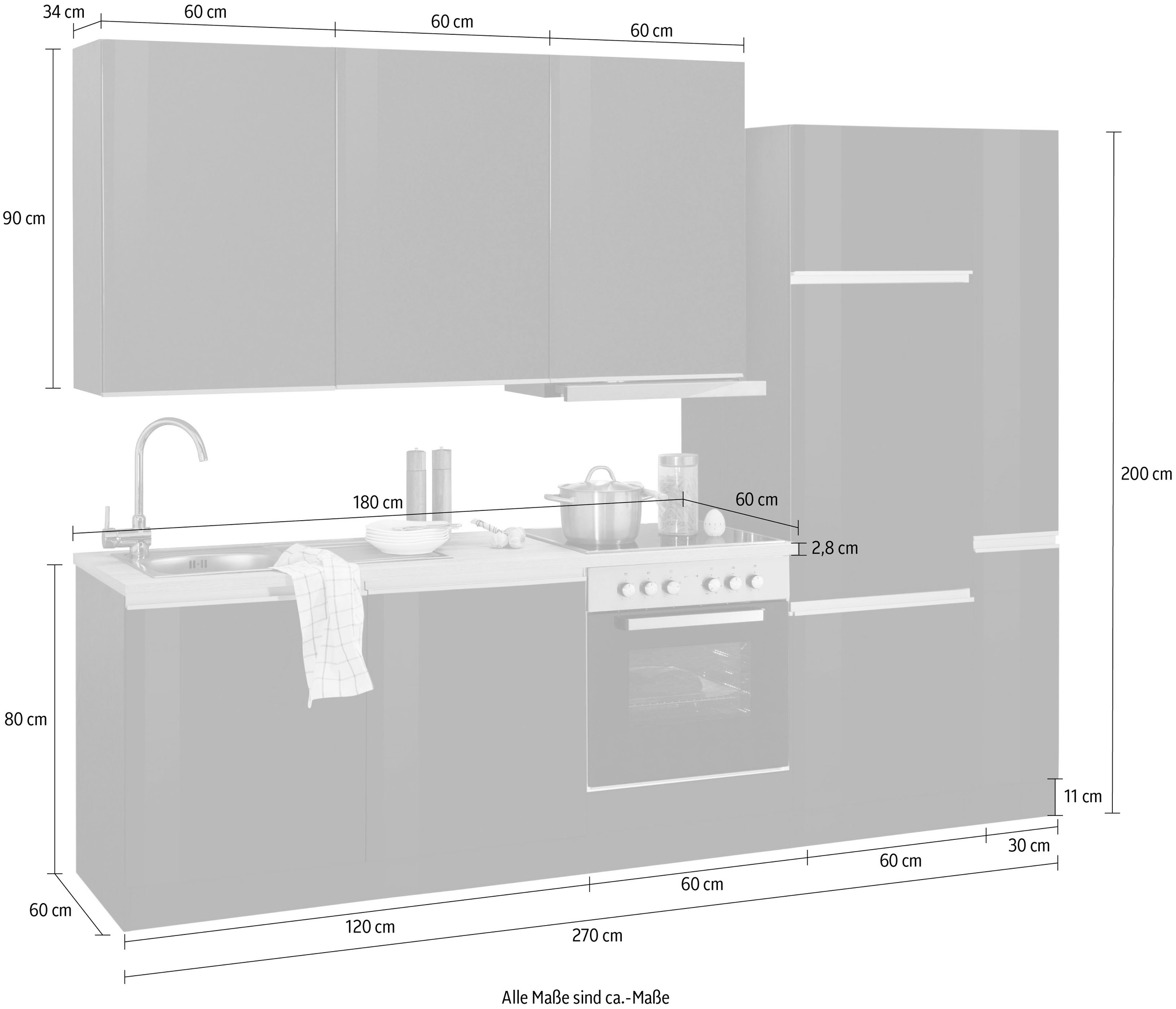 KOCHSTATION Küchenzeile »KS-Ohio«, mit E-Geräten, Breite 270 cm