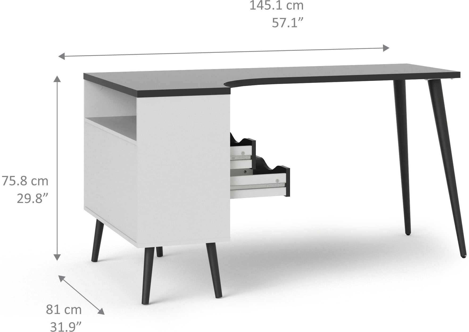 andas Schreibtisch »Oslo Arbeitstisch, Bürotisch«, mit 2 Schubladen, 3 offene Fächer, Eckschreibtisch, Breite 145 cm