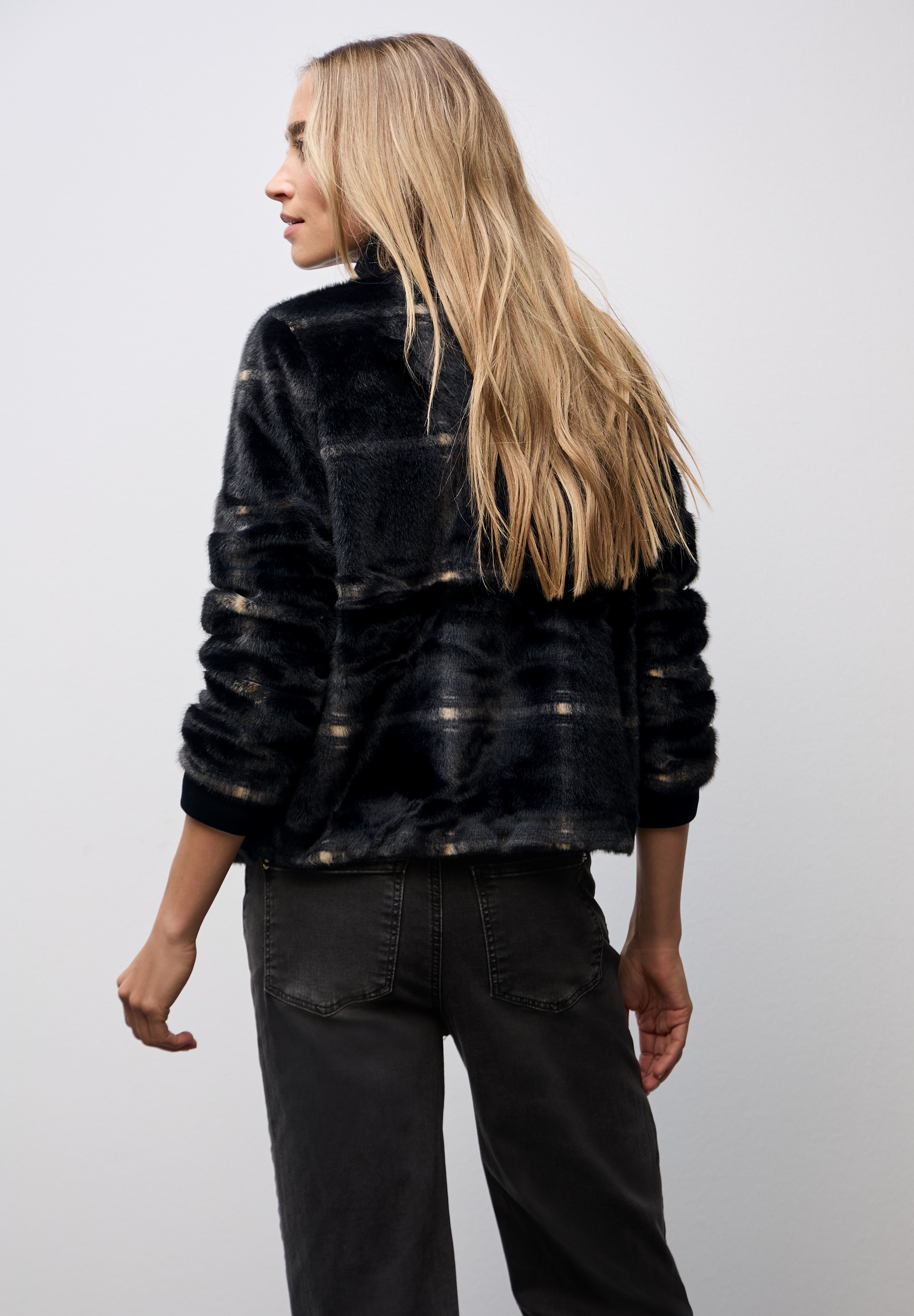 STREET ONE Fellimitatjacke ohne Kapuze Karierte Fake Fur Jacke
