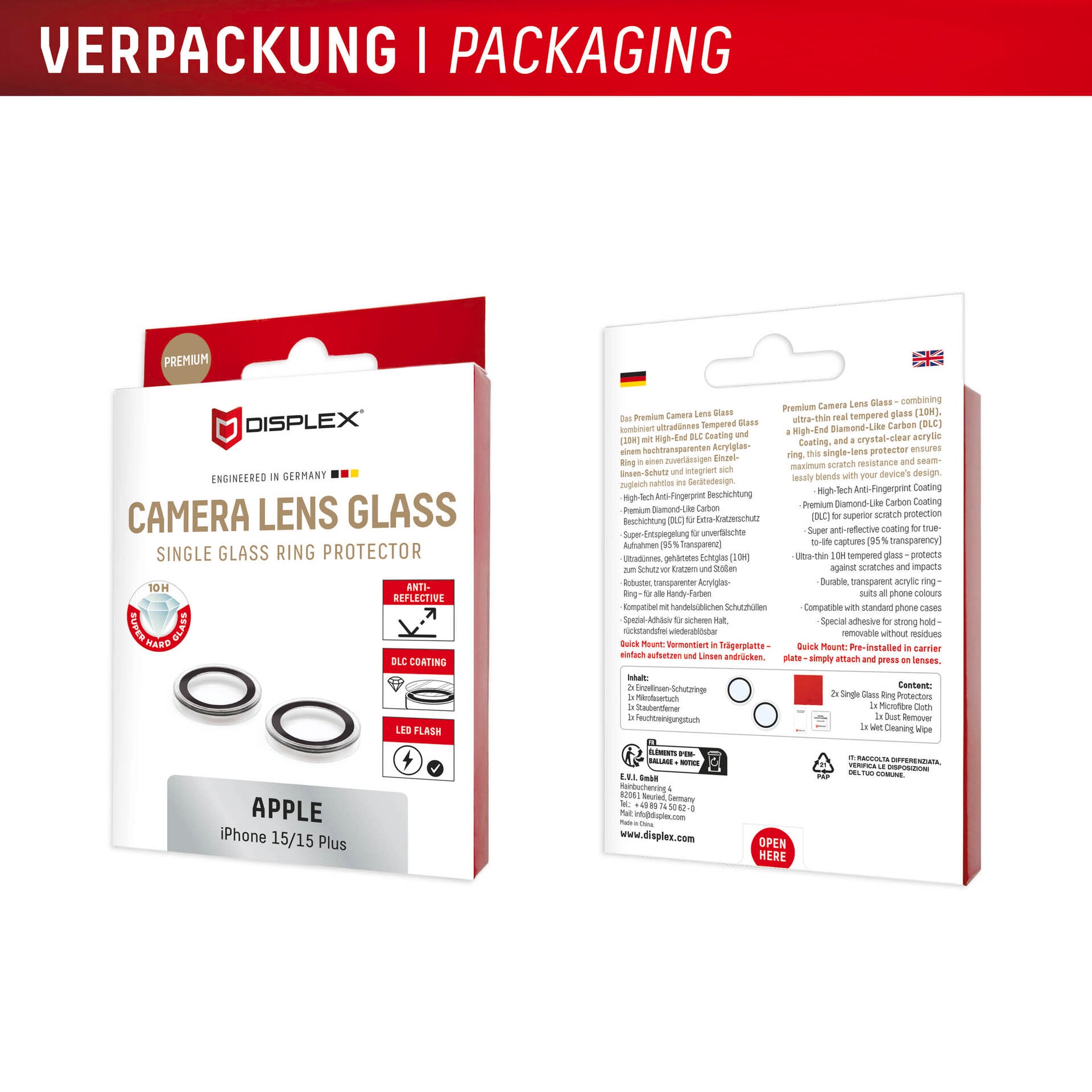 Displex Kameraschutzglas »Camera Lens Glass Single Glass Ring Protector« für Apple iPhone 15;Apple iPhone 15 Plus Packung, 2x Einzellinsen-Schutzringe,  Objektivschutz, Kameraschutz, kratz- & stoßfest