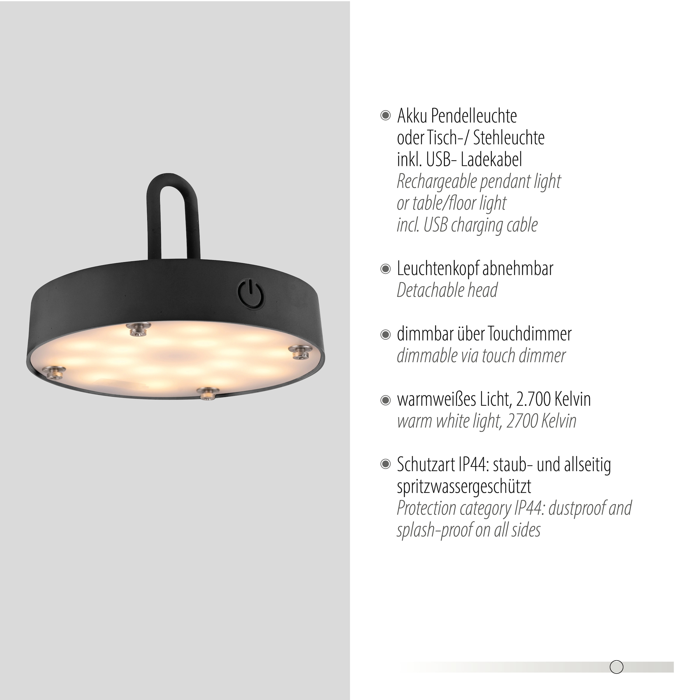 JUST LIGHT Pendelleuchte »AKUBA«, 1 flammig, Leuchtmittel LED-Modul | LED fest integriert, Akkuleuchte
