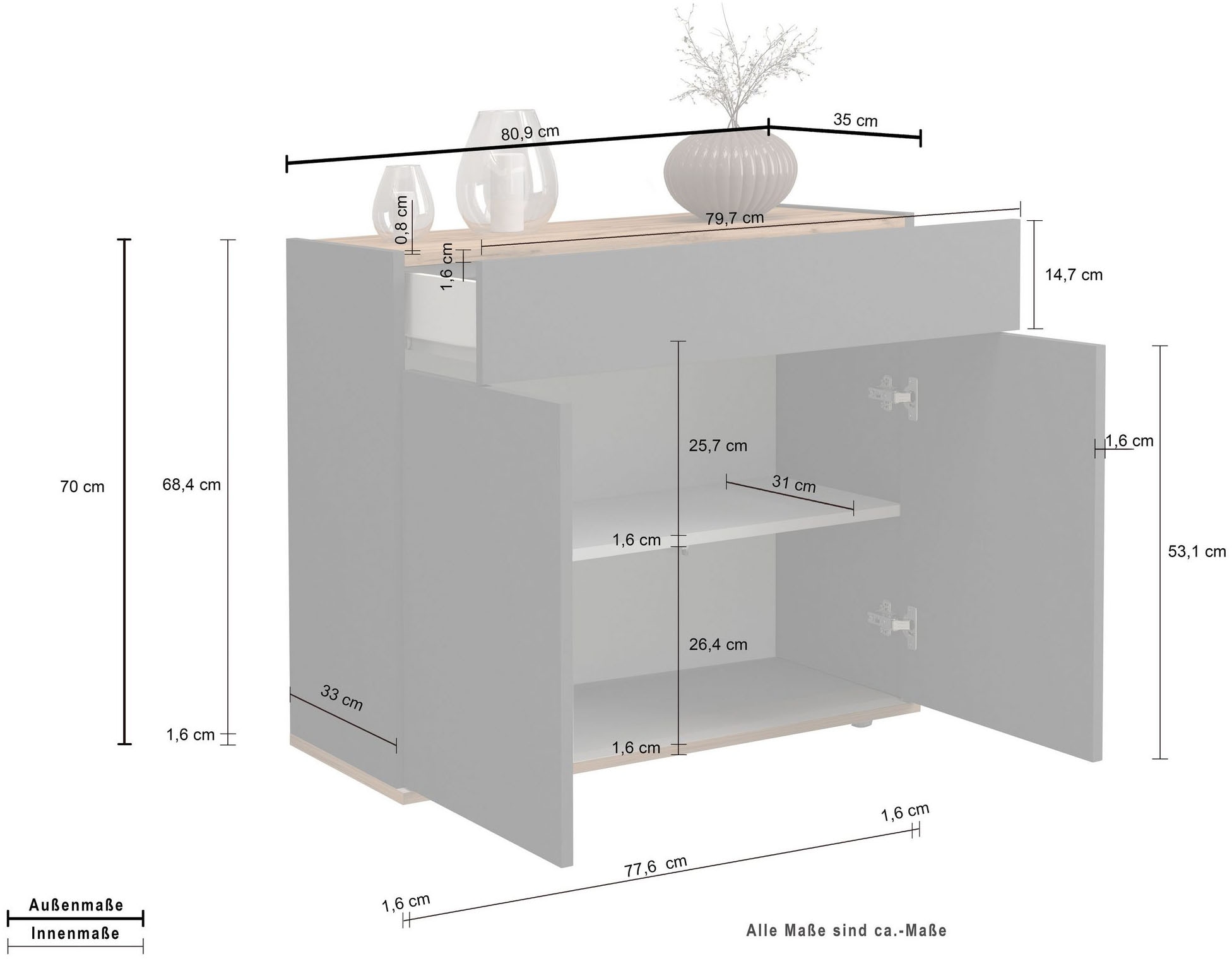 INOSIGN Sideboard »Garda, Kommode, Schrank, Kredenz«, 2 Türen, 1 Schublade,grifflos Breite 80,9 cm
