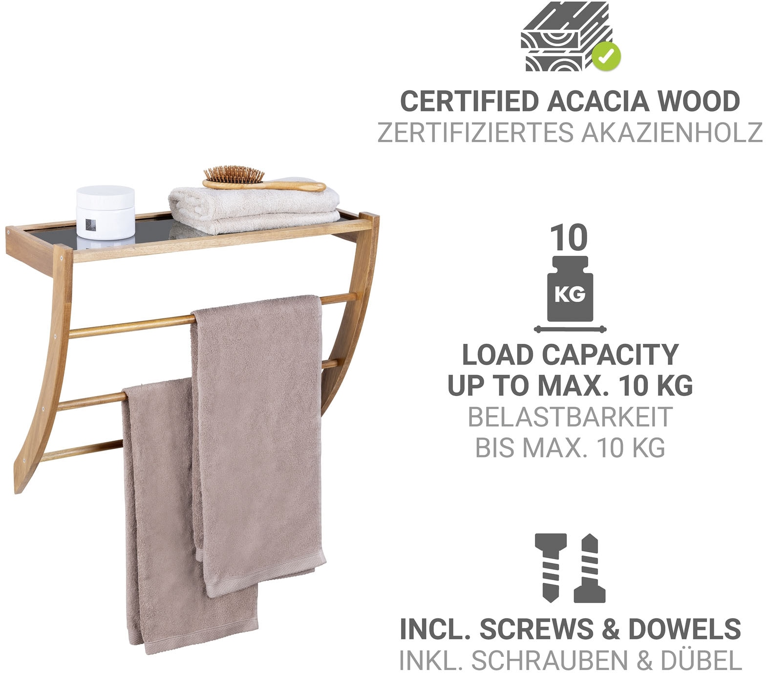 WENKO Wandregal »Fondi« Badregal mit Ablage aus Glas und 3 Handtuchstangen, Akazienholz