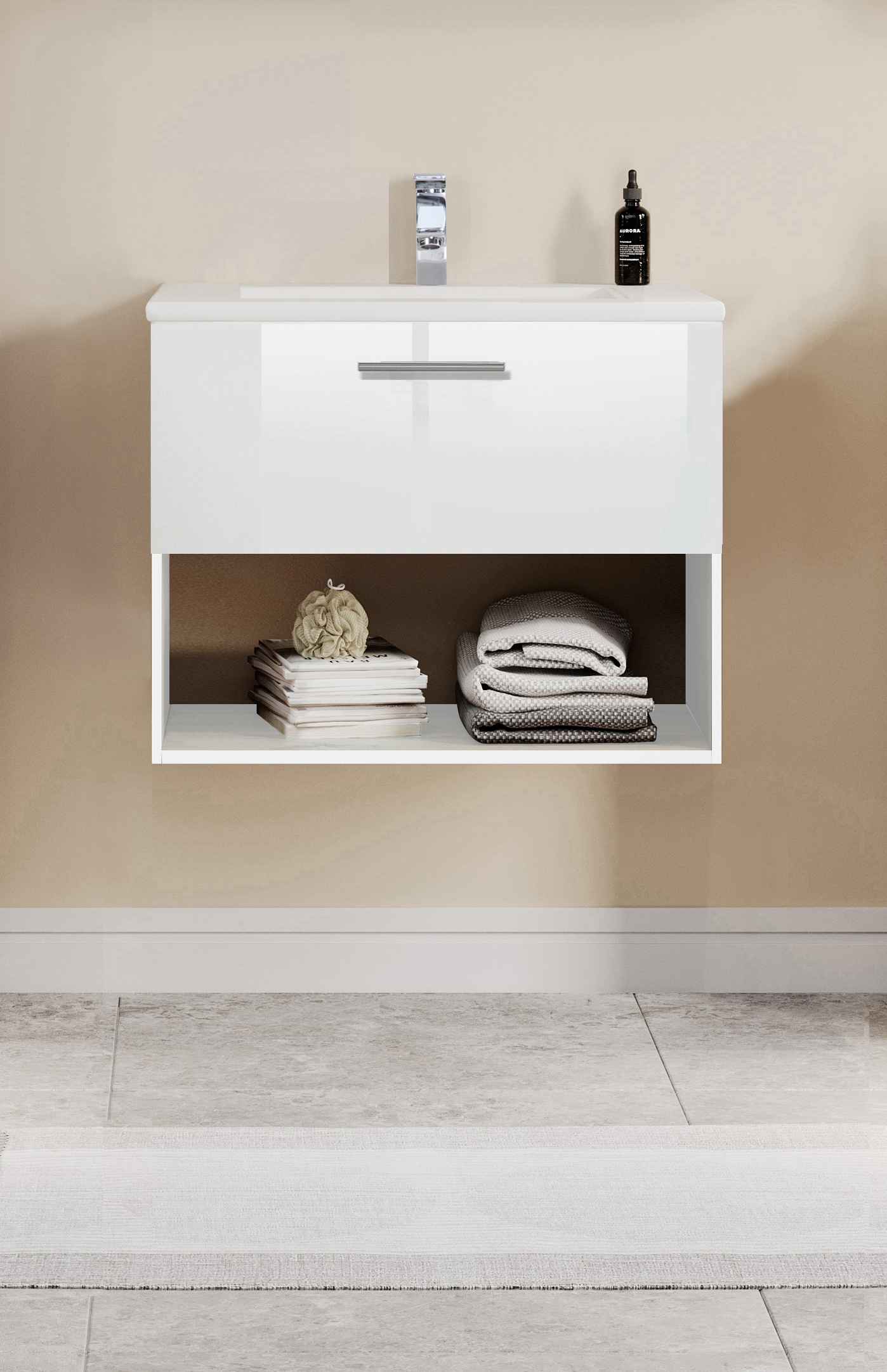 welltime Waschtisch »Trento Light, 60cm, 80cm, 100cm, Keramik-Auflagebecken«, 1 Auzug und 1 offenes Fach