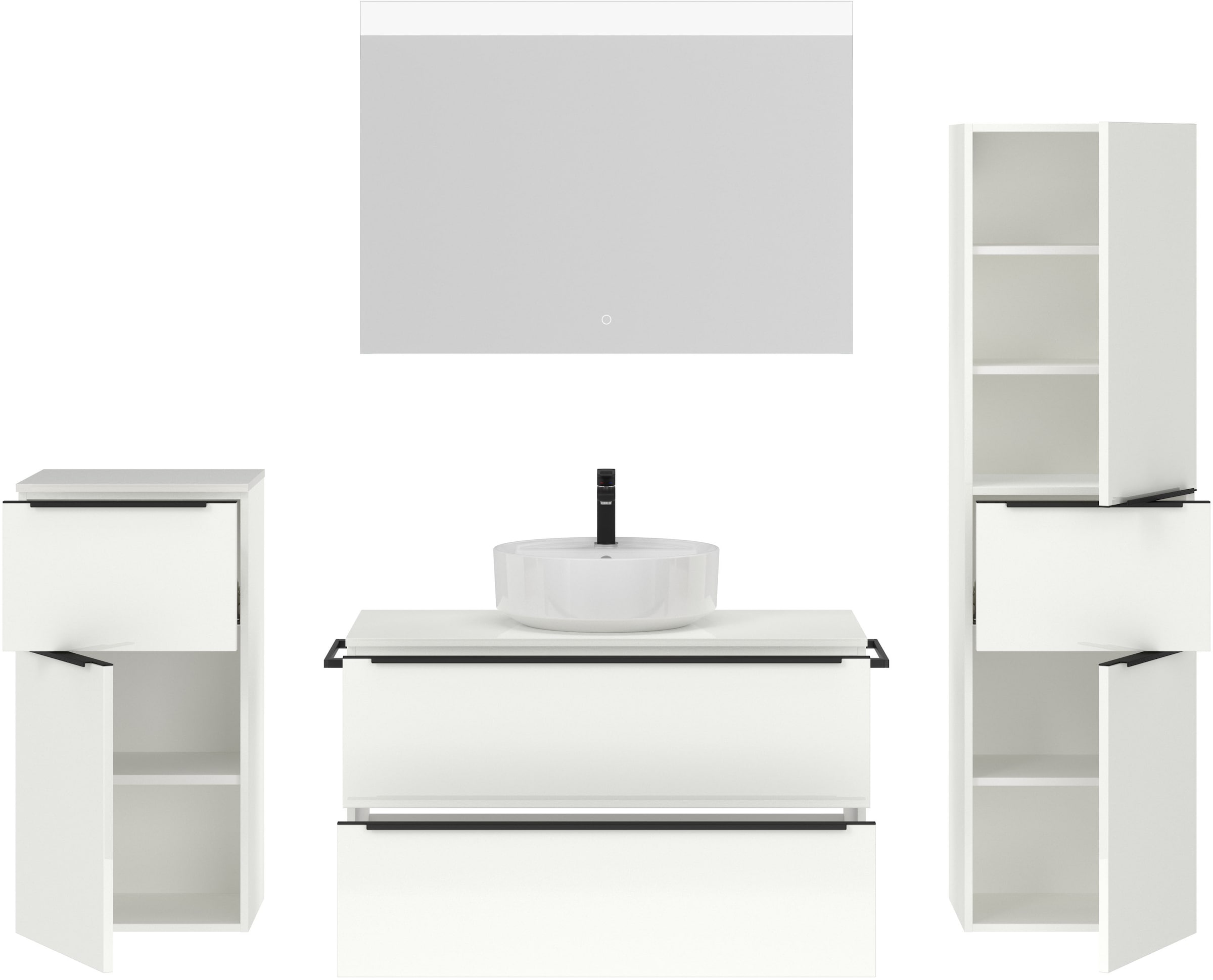 nobilia® Badmöbel-Set »Alvene«, (4 St., vormontiert, mit Soft-Close), Hochglanz, inkl. Spiegel mit Touch-Sensor, in vier Breiten