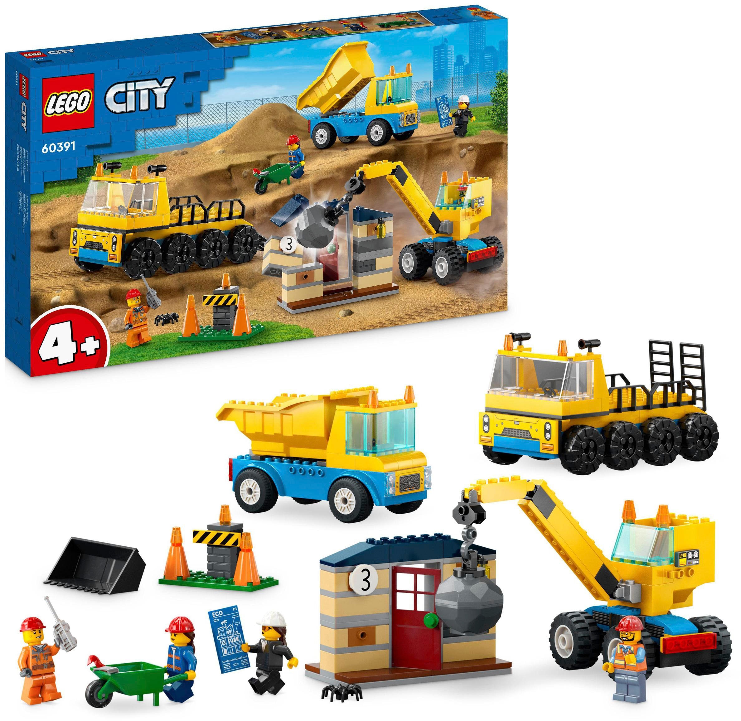 Konstruktionsspielsteine »Baufahrzeuge und Kran mit Abrissbirne (60391), LEGO® City«,...