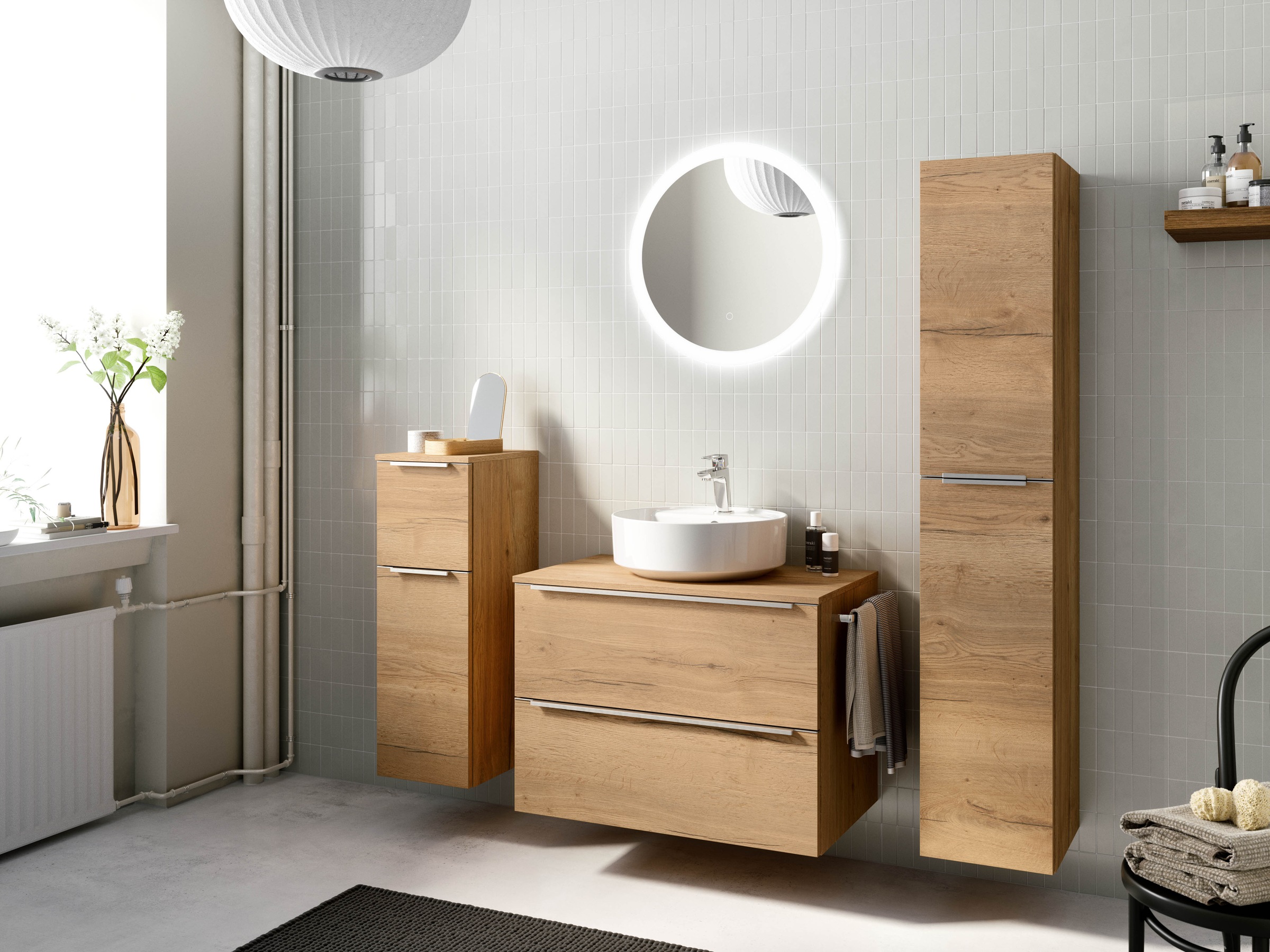 nobilia® Badmöbel-Set »Alvene«, (4 St., vormontiert, mit Soft-Close), inkl. Spiegel mit Touch-Sensor, in vier Breiten