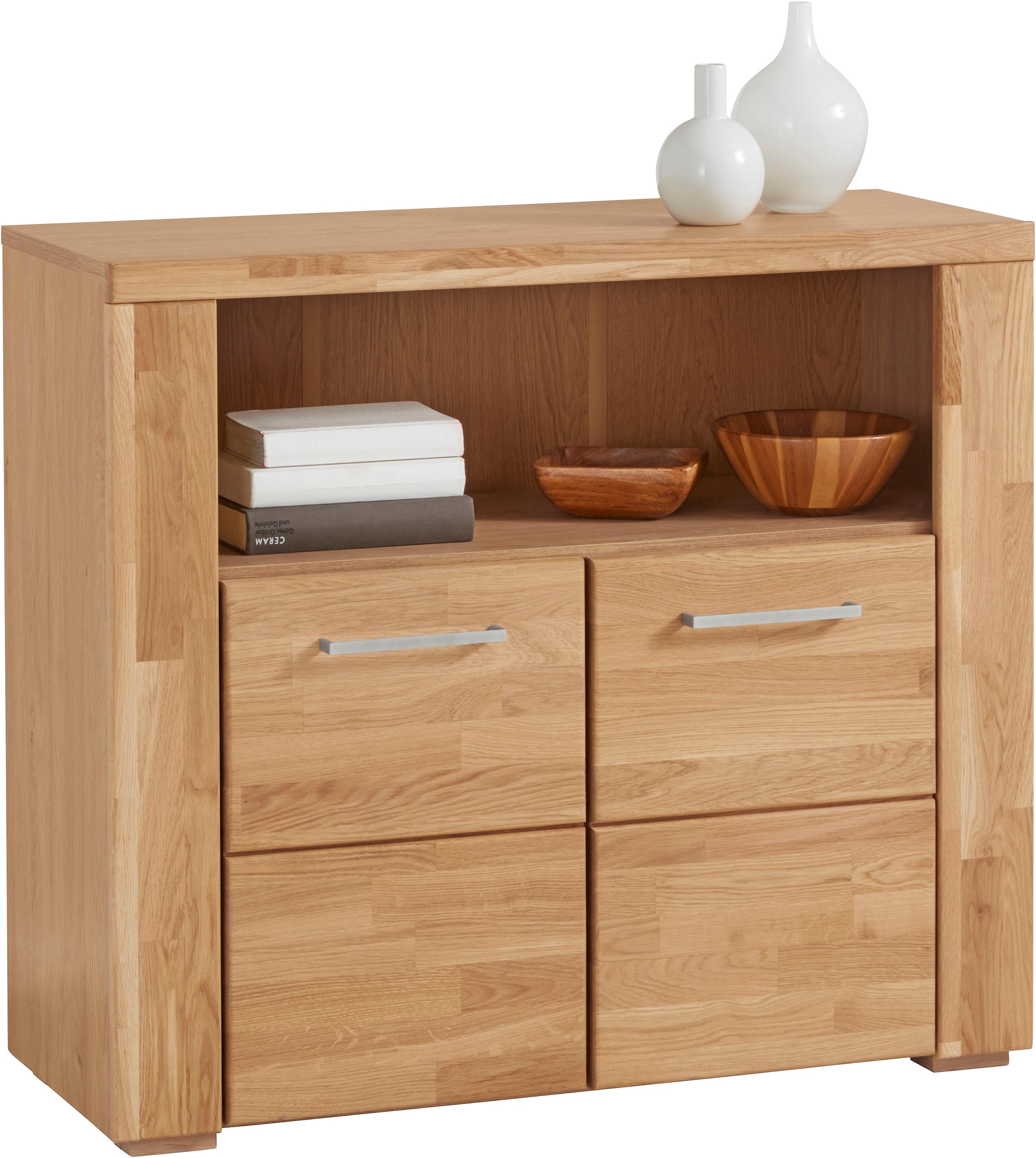 Home affaire Kommode »Celle,90cm breit,35 cm tief, Fronten Massivholz«, Holz massiv, Holzwerkstoff, Metall Griffe,3 breite Fächer