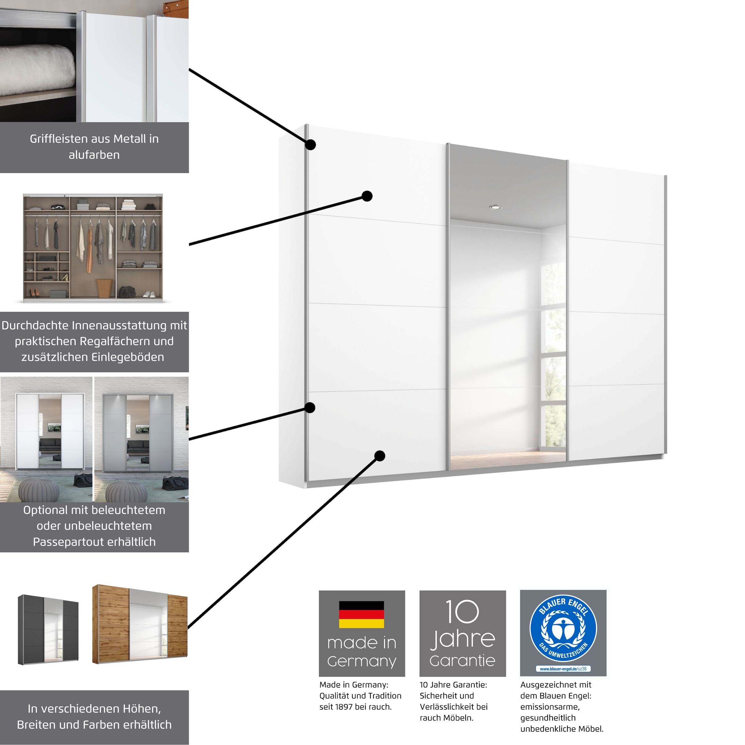 rauch Schwebetürenschrank »Kleiderschrank Schrank Garderobe Wäscheschrank TOMA mit Passepartout«, inkl. Regaleinsatz sowie zusätzlichen Einlegeböden MADE IN GERMANY