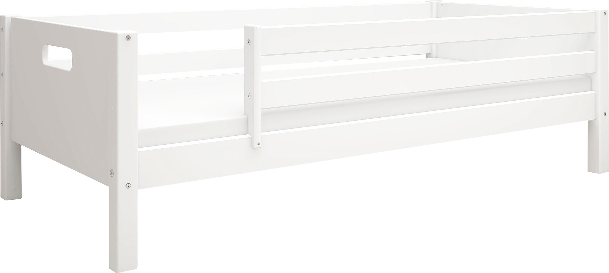Einzelbett, Nordic produziert bei Flexa, incl Rollrost, weiß + weiß + weiß Hintere Absturzsicherung in Kiefer-Absturzsicherung vorne in Kiefer