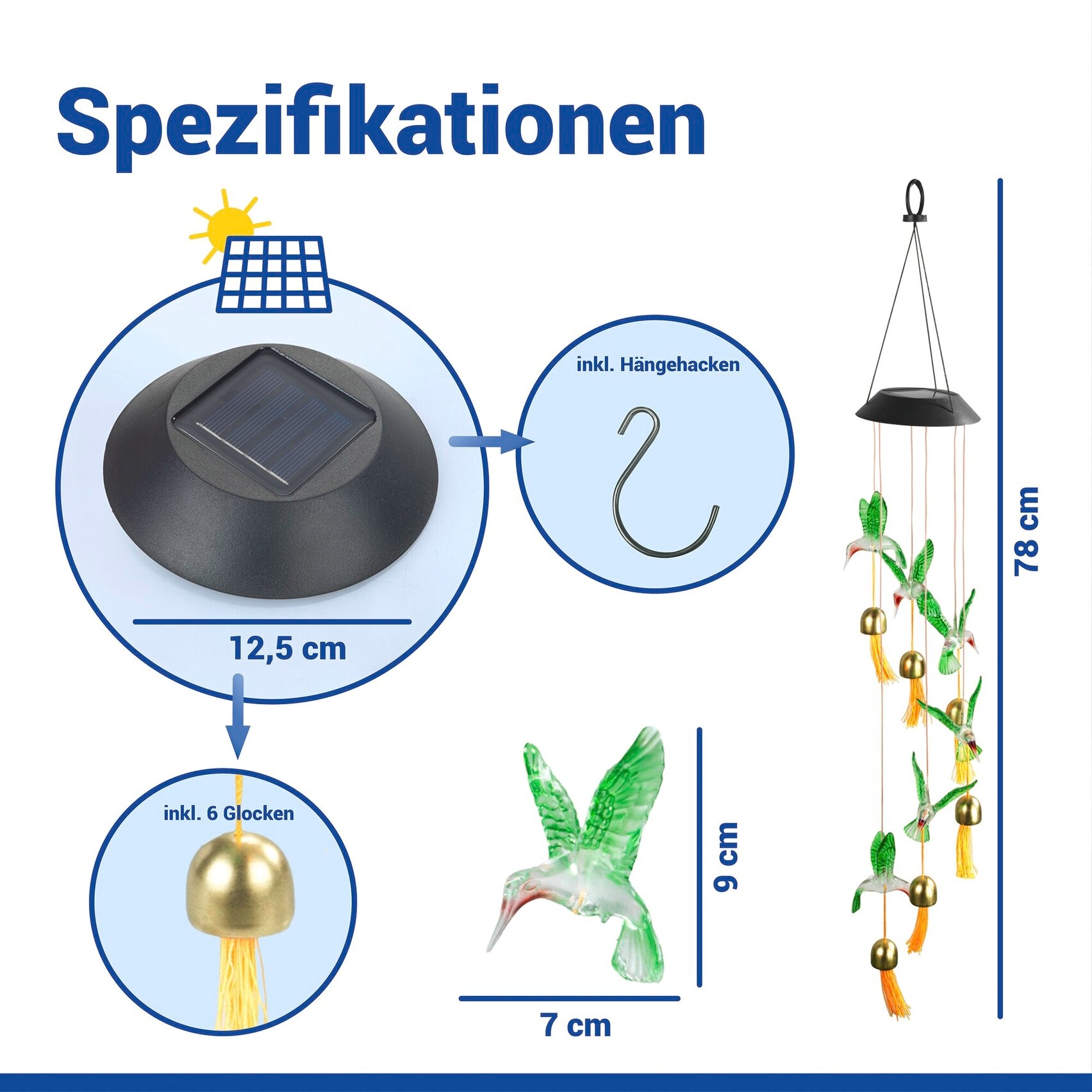 Maximex LED Gartenleuchte »Modell Kolibri« Farbwechsler solarbetriebenes Windspiel mit 6 Glocken, dekorative Gartenbeleuchtung
