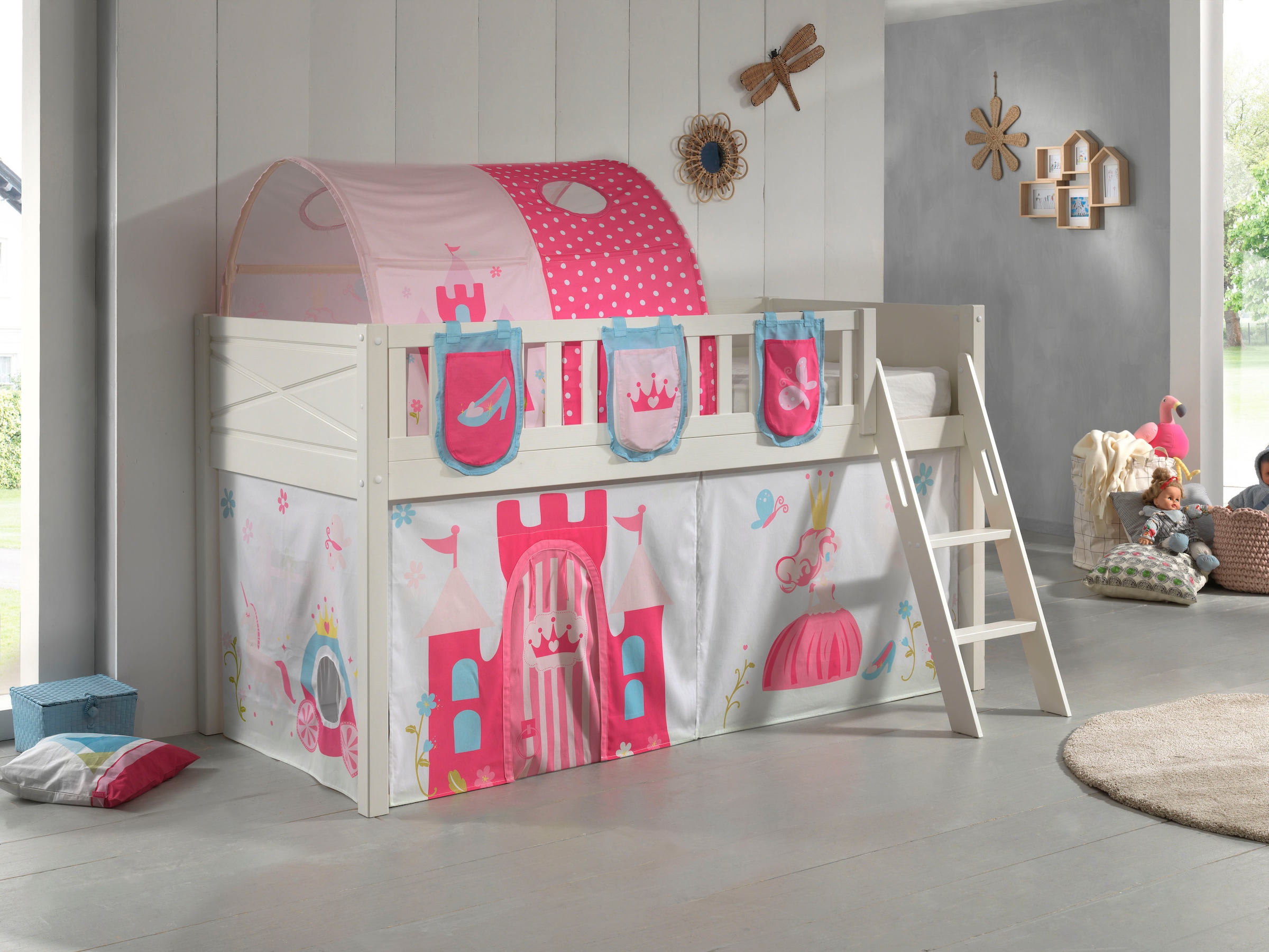 Vipack Hochbett »Scott«, (Made in Europe), mit Leiter, LF 90x200 cm, Vorhang, Tasche, Tunnel, 4 Designs