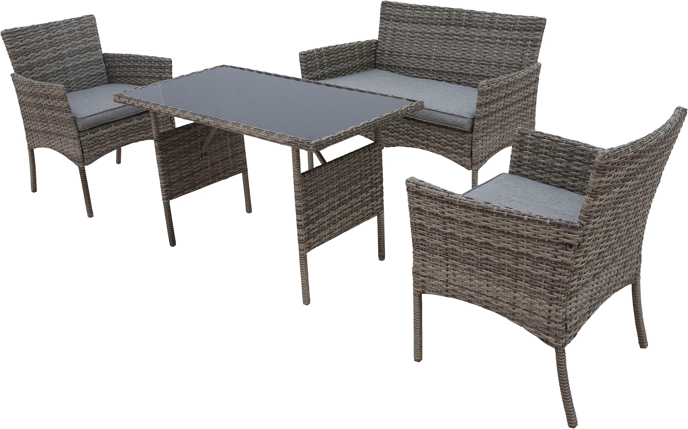 KONIFERA Gartenlounge-Set »Balkonset »Ronda««, (Set, 7 tlg., 1x2er Sofa, 2 Sessel, Tisch 56x110x65 cm, inkl. Auflagen), Stahl/Polyrattan