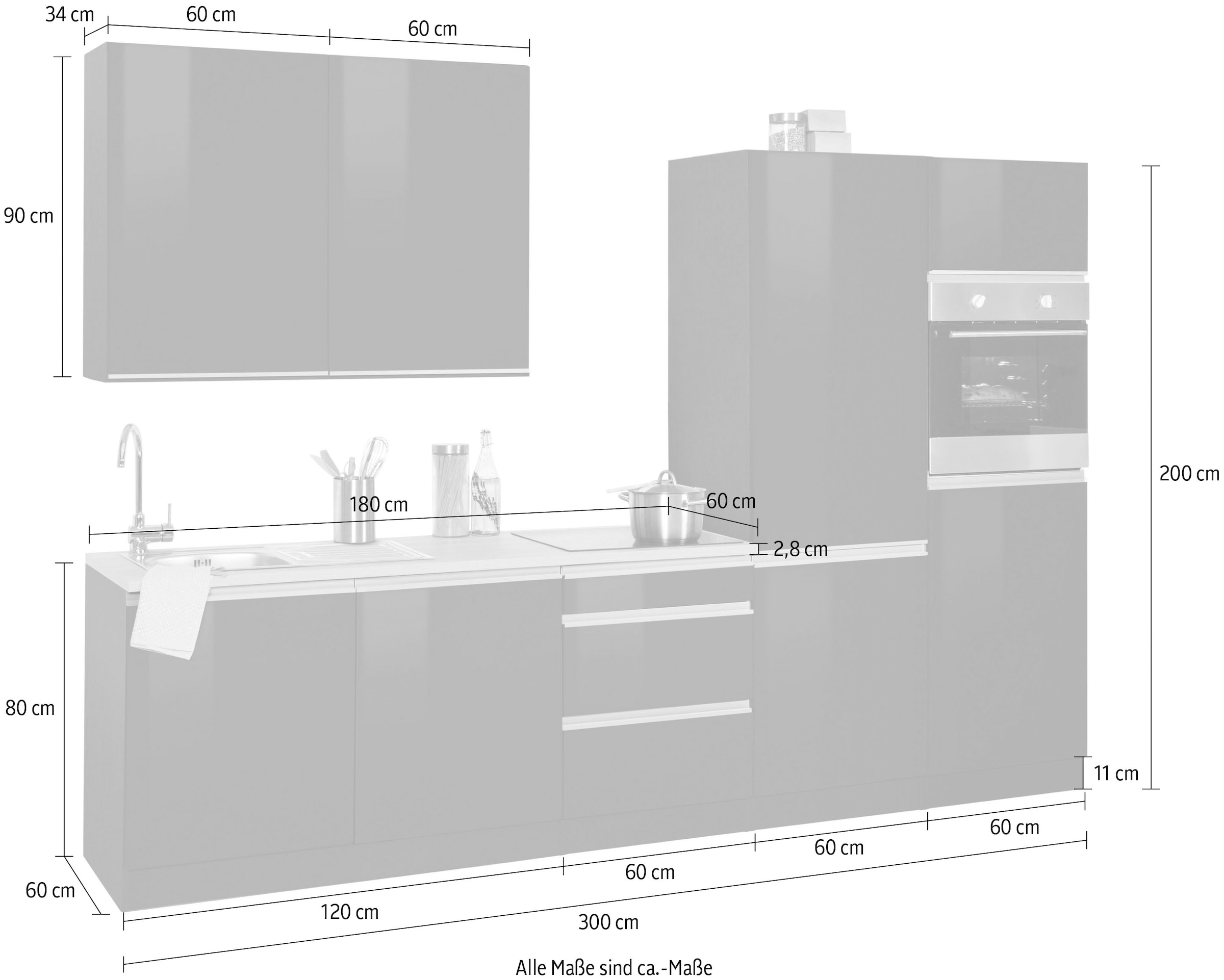 KOCHSTATION Küchenzeile »KS-Ohio«, ohne E-Geräte, Breite 300 cm