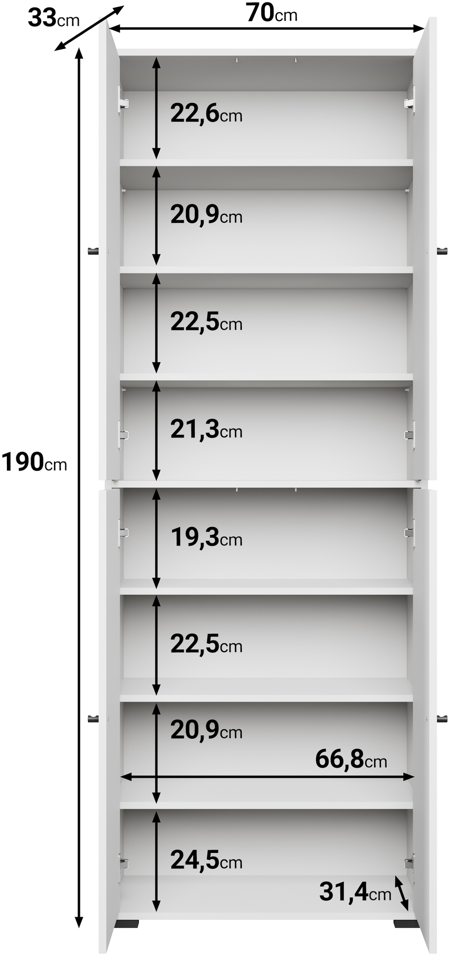 Home affaire Schuhschrank »Schuhkommode Dino« Flurschrank mit verstellbaren Einlegeböden, BxHxT: 70 × 190 × 33 cm