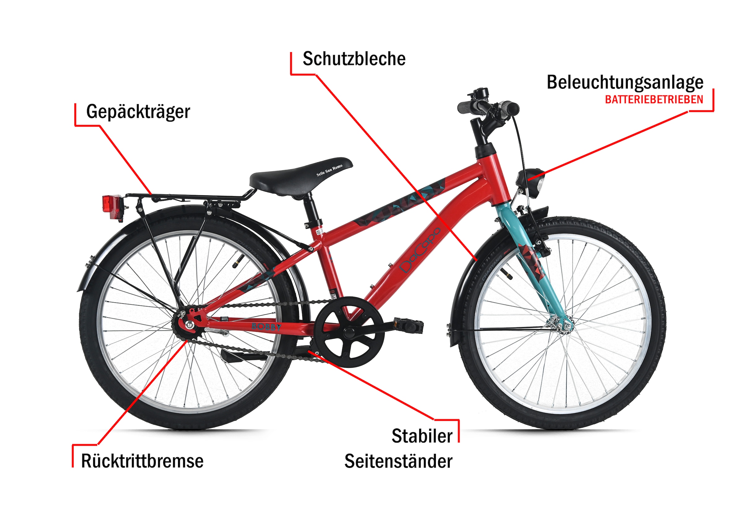 Dacapo Kinderfahrrad »20" Bobby Rot 1 Gang RH 27 cm mit Beleuchtung - Ab 6 Jahre« 1 Gang ohne Schaltung