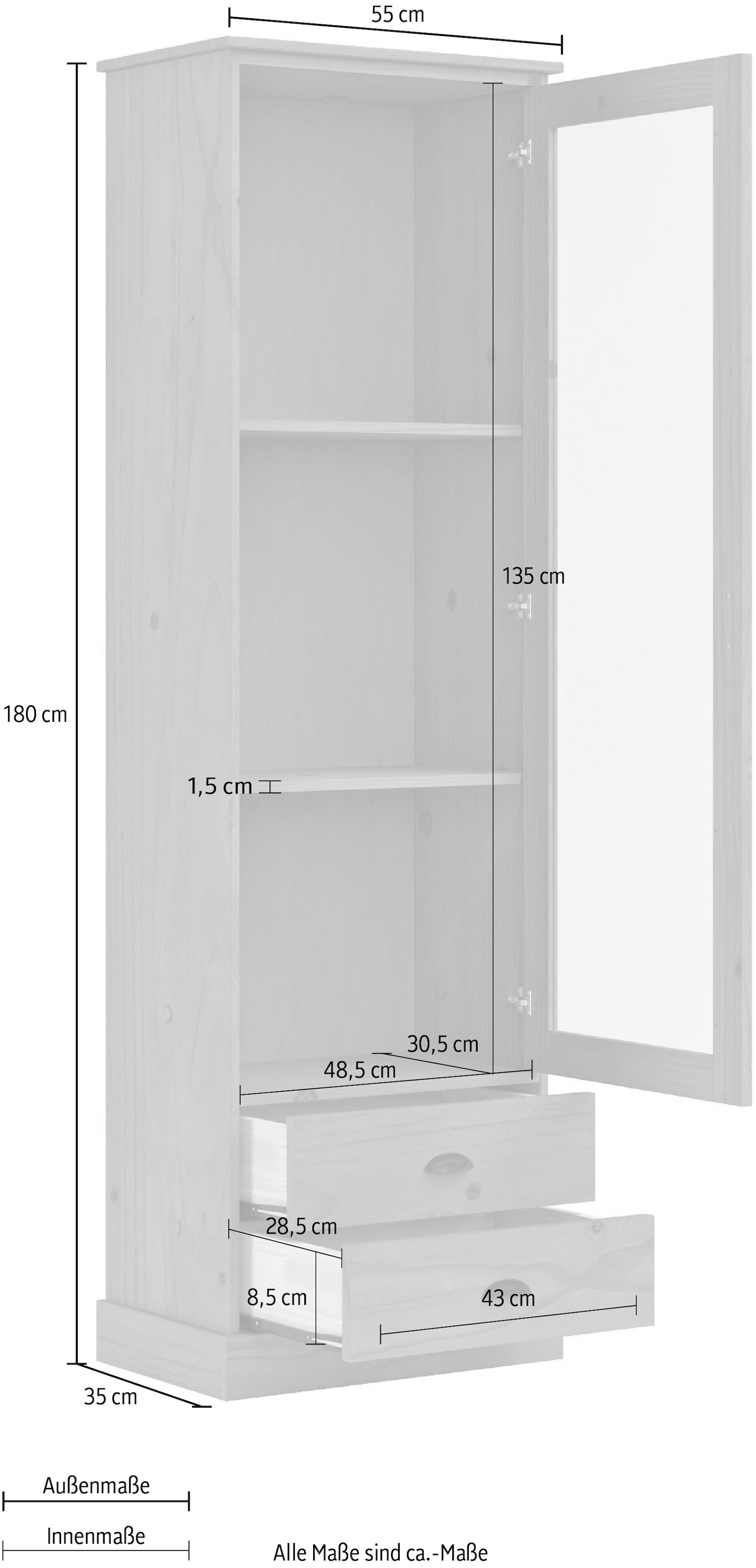 Home affaire Vitrine »Schröder«, mit 1 Schiebetür, 2 Schubkästen, aus massivem Kiefernholz, Breite 55cm