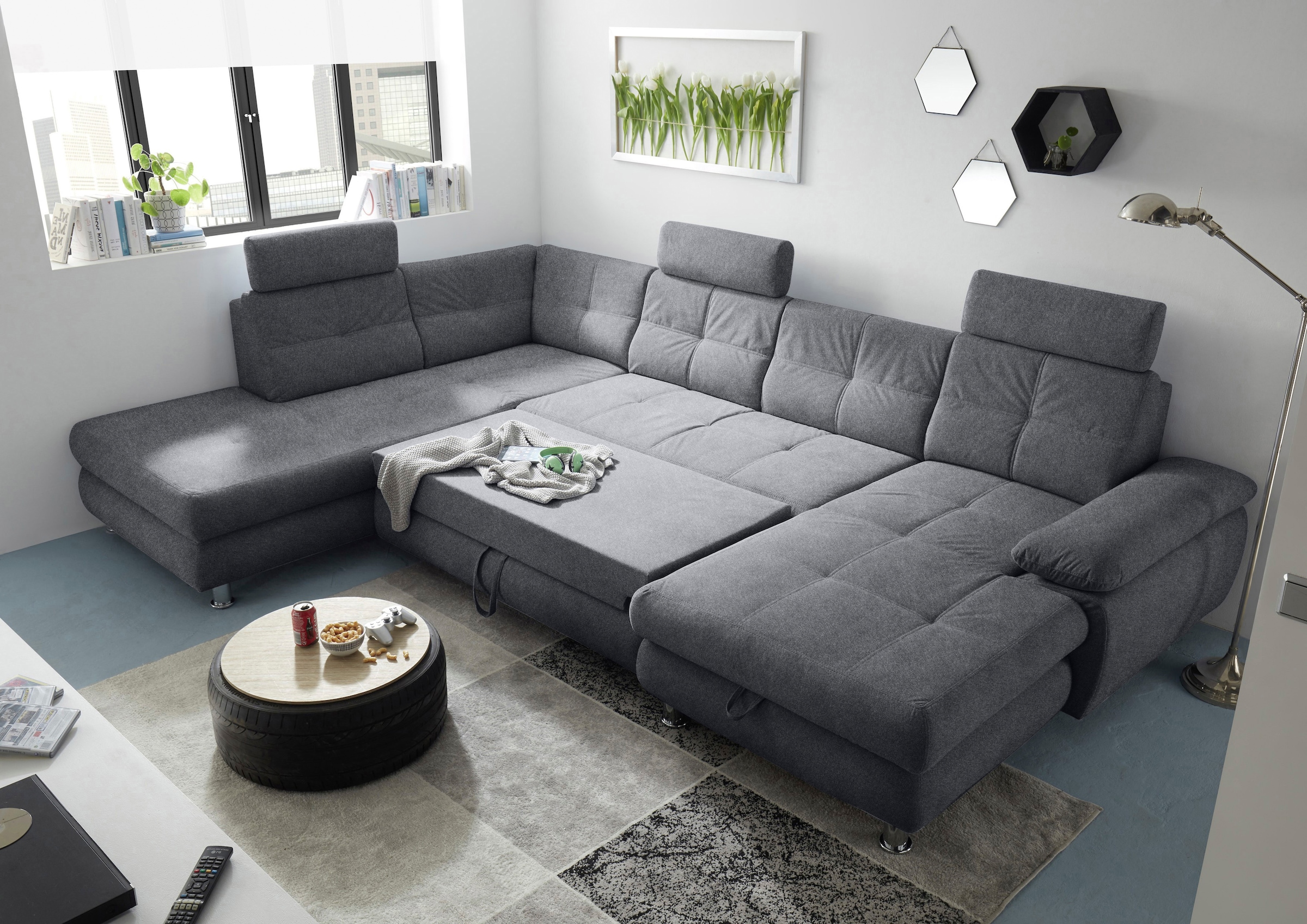 ED EXCITING DESIGN Wohnlandschaft »Alba U-Form«, mit Bettfunktion, Bettkasten, Armteilverstellung & Kopfstützen