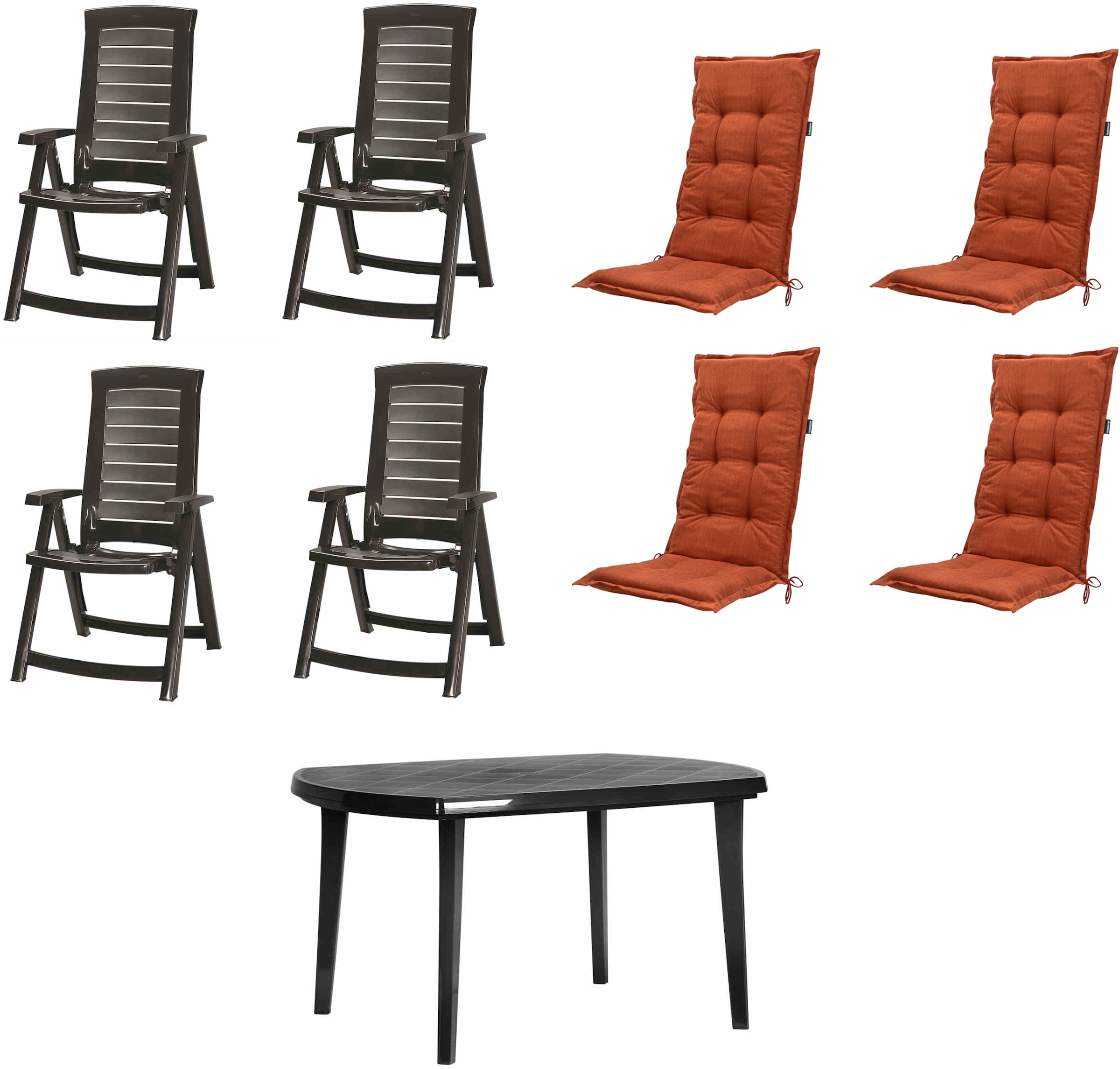 Jardin Garten-Essgruppe »Aruba + Elise« Set, 9 tlg. 4 x Klappsessel graphit, 1 x Tisch graphit, 4 x Auflage terra