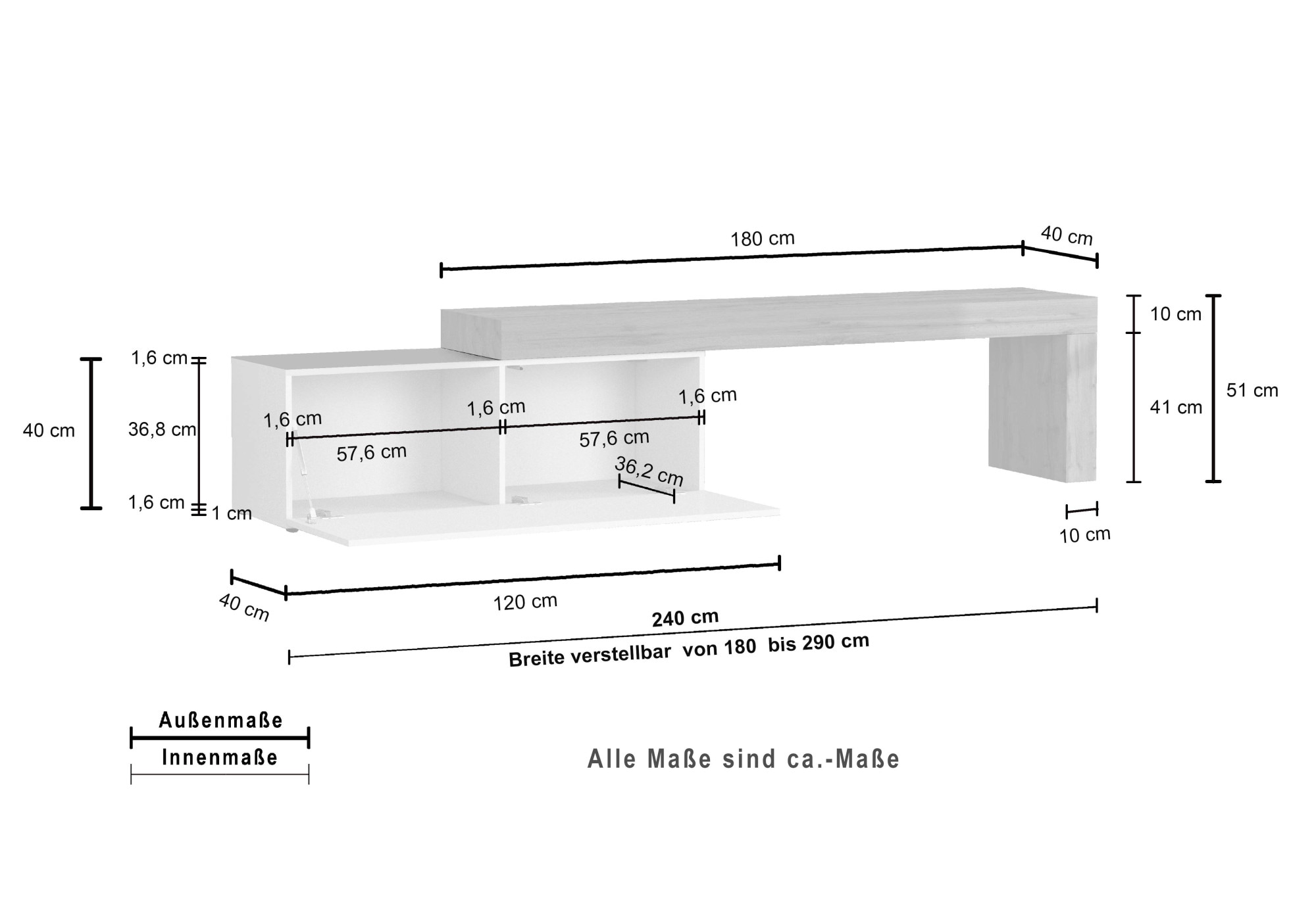 INOSIGN Lowboard »Chronos TV-Board, T-Schrank«, (1 St., Breite verstellbar von 180 bis 290 cm), Breite 240 cm TV-Board,Lowboard,1 Klappe und ein L-Förmiger Aufsatz