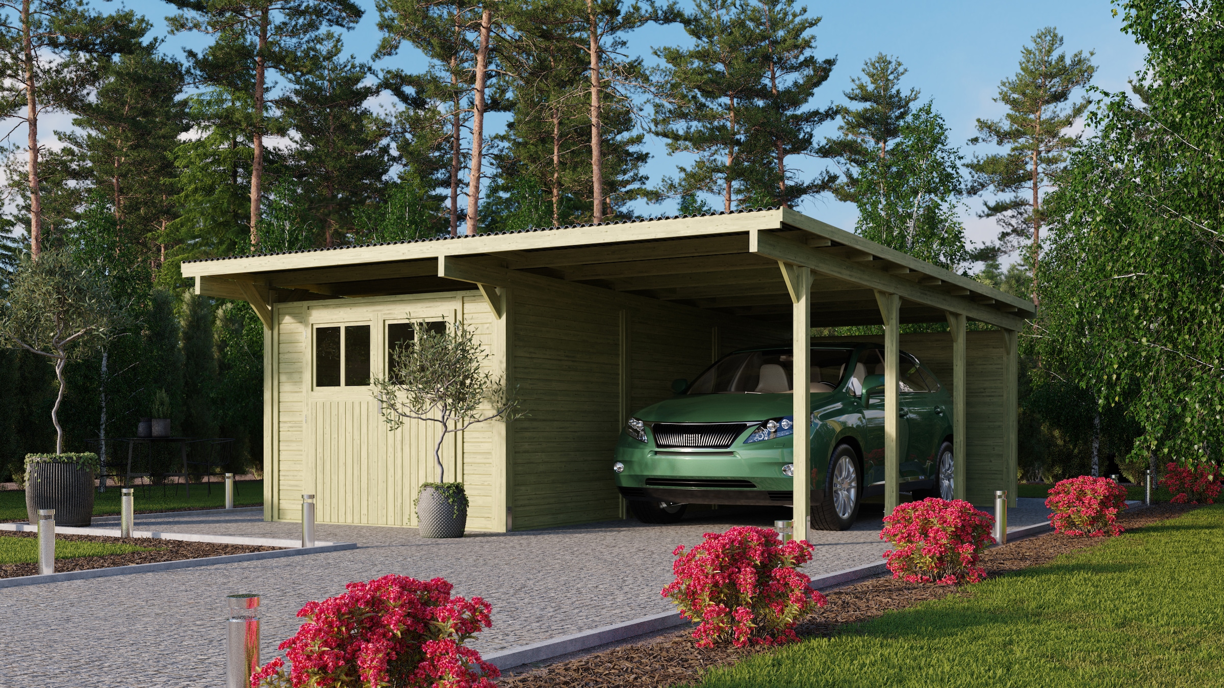 Karibu Doppelcarport »»ECO 2 SET« Variante B, AKTION kdi«, Masivholz, 509 cm, KDI, mit integriertem Abstellraum groß, 1 Rückwand