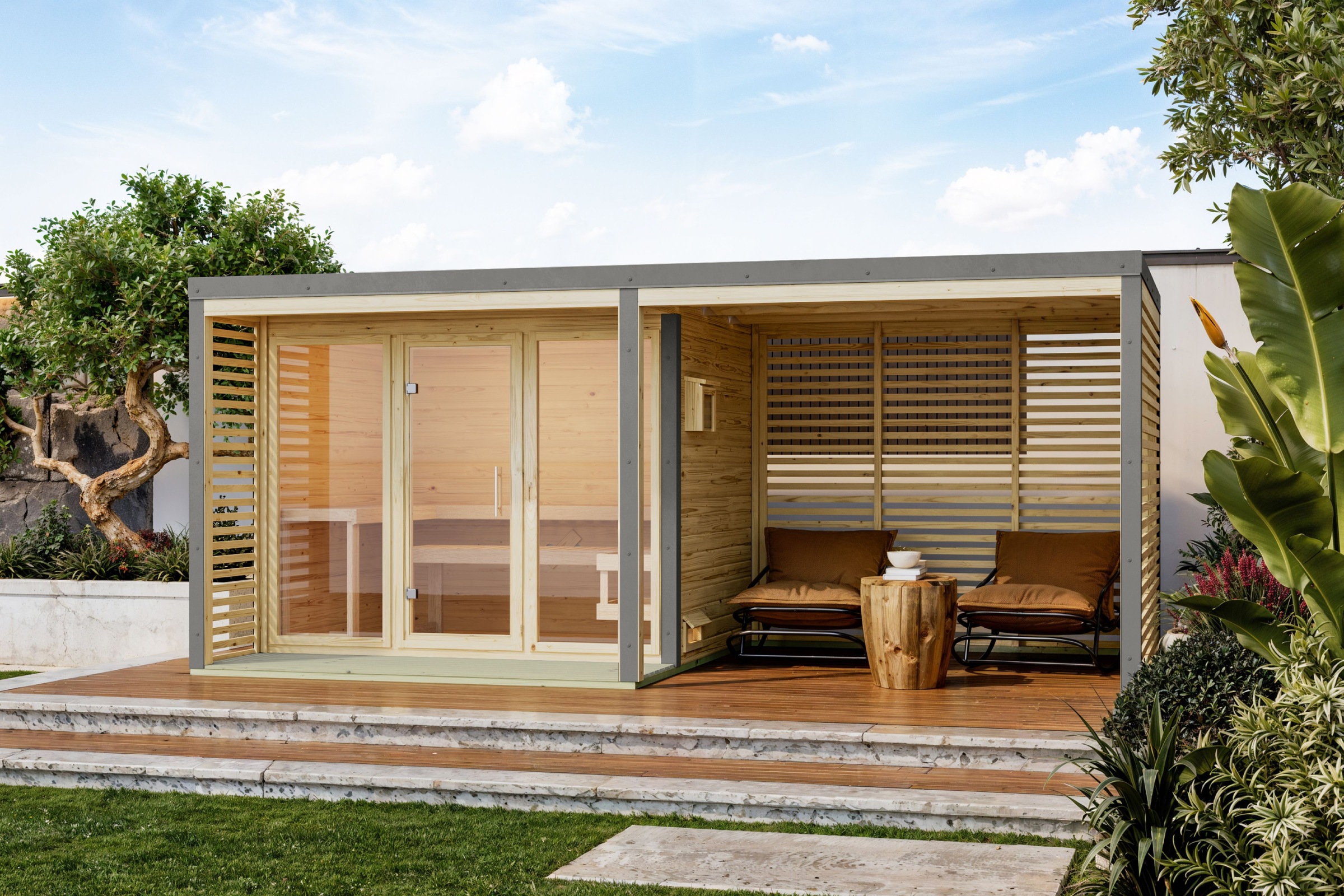 Karibu Saunahaus »"Adrian 3" naturbelassen-graualuminium« Wände aus nordischer Fichte, Stahlecken und Stahl-Dachabschluss