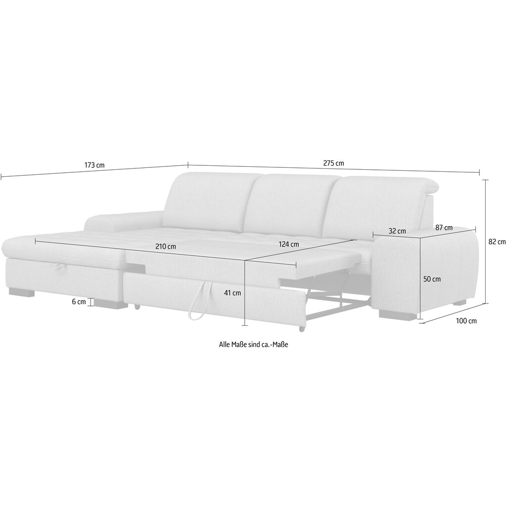 sit&more Ecksofa »Luxor L-Form«, wahlweise mit Bettfunktion, Bettkasten und Kopfteilverstellung