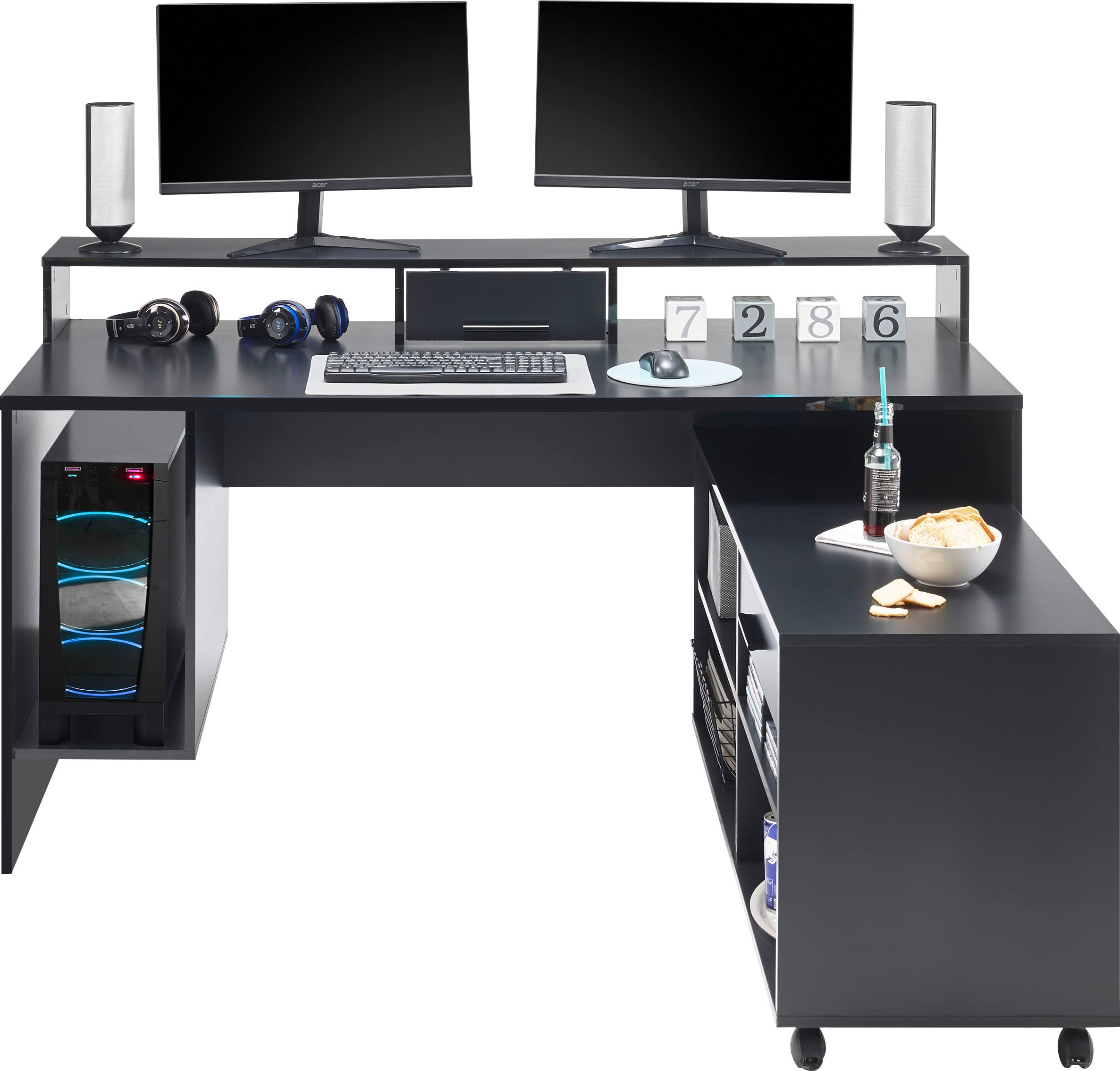 BEGA OFFICE Gamingtisch mit RGB-LED inkl. Rollcontainer »Highscore«, Farbwechsel, Raten auf Computertisch bestellen Schwarz