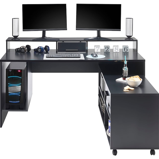 BEGA OFFICE Gamingtisch »Highscore«, Schwarz inkl. RGB-LED Farbwechsel,  Computertisch mit Rollcontainer auf Raten bestellen