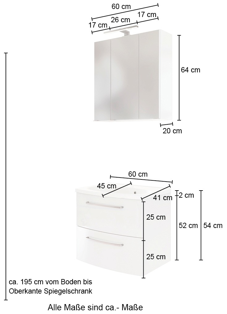 welltime Badmöbel-Set »Catania«, (2 St.), mit 3D-Spiegelschrank und gebogenes Mineralgussbecken