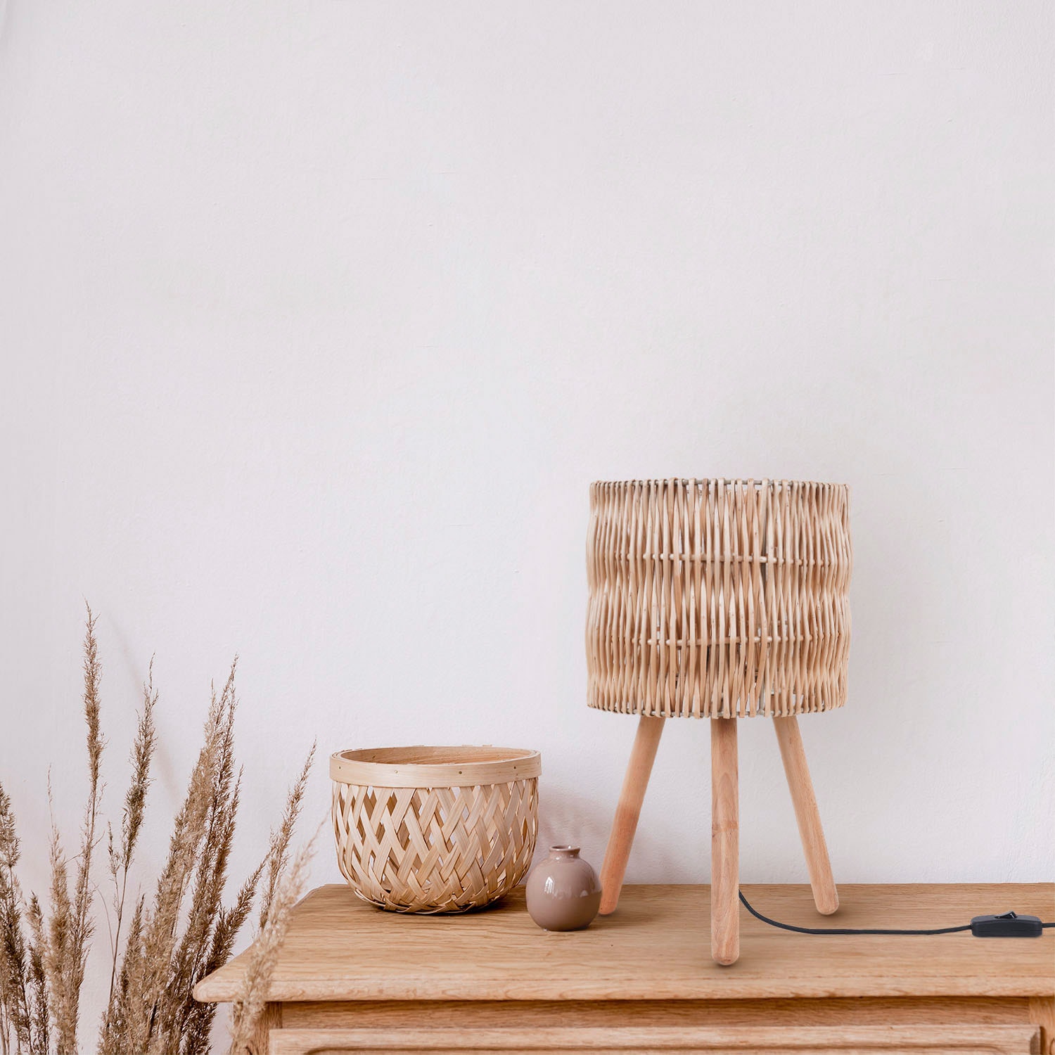 Paco Home Tischleuchte »JORGE« E27 Schreib  Nacht Lampenschirm Korb Boho Holz E27
