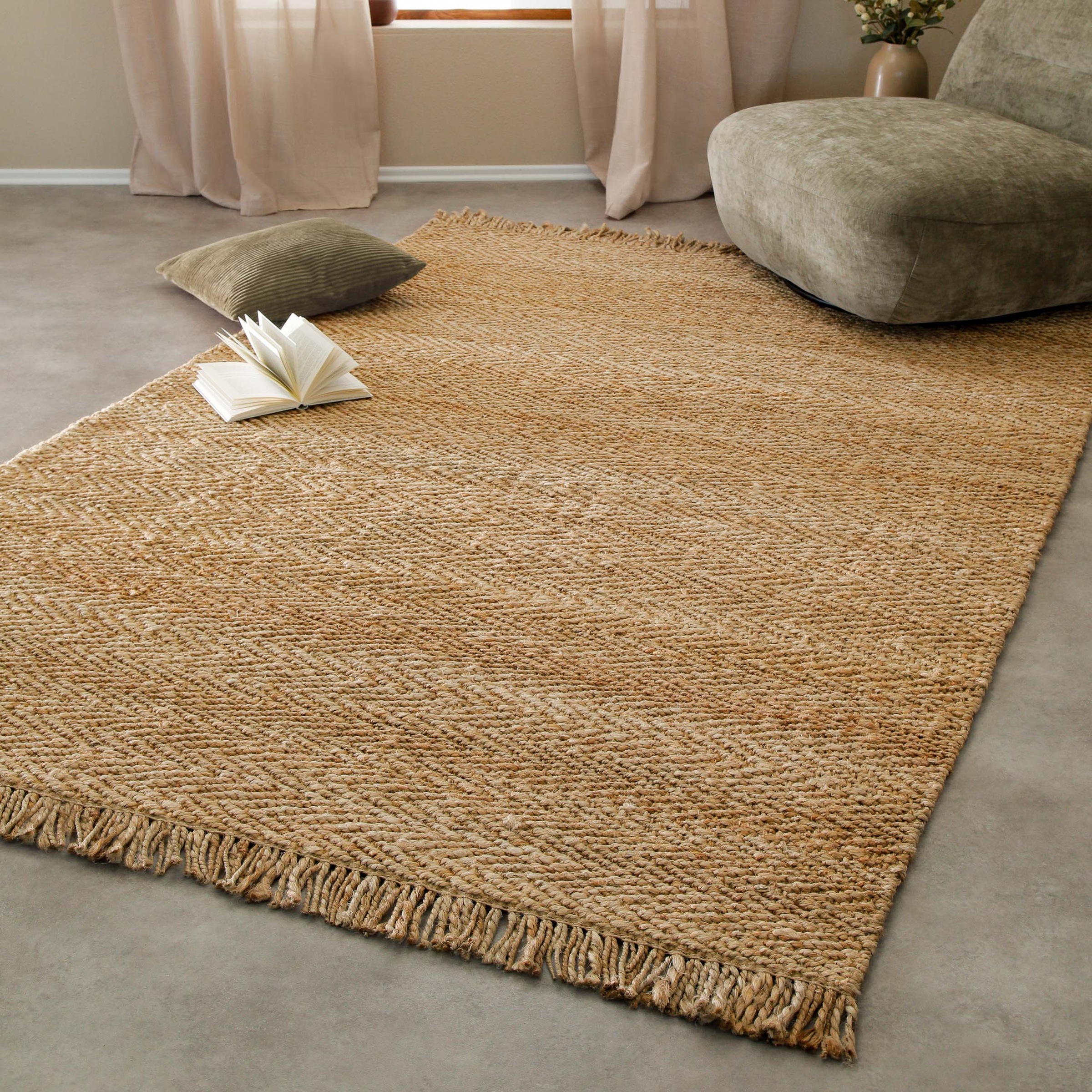 Green Looop Teppich »Dhurry«, rechteckig, 12 mm Höhe, handgewebt, robust, strapazierfähig, Jute, Natur, Wohnzimmer