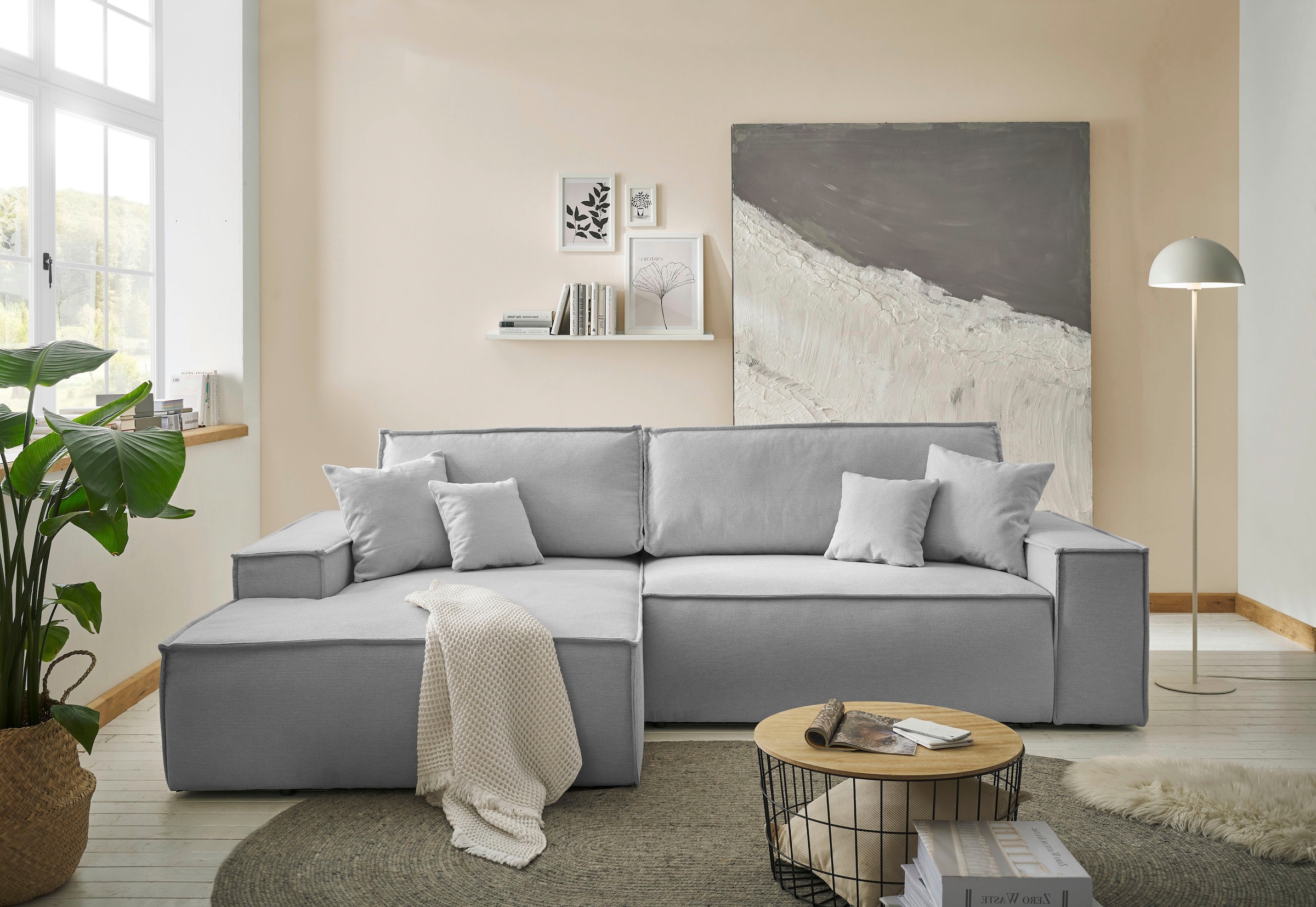 andas Ecksofa »Finnley Schlafsofa 267 cm in Bouclé, Struktur fein u. Cord, L-Form,«, Schlaffunktion m. Bettkasten (136/210 cm), Bouclé, Struktur und Cord
