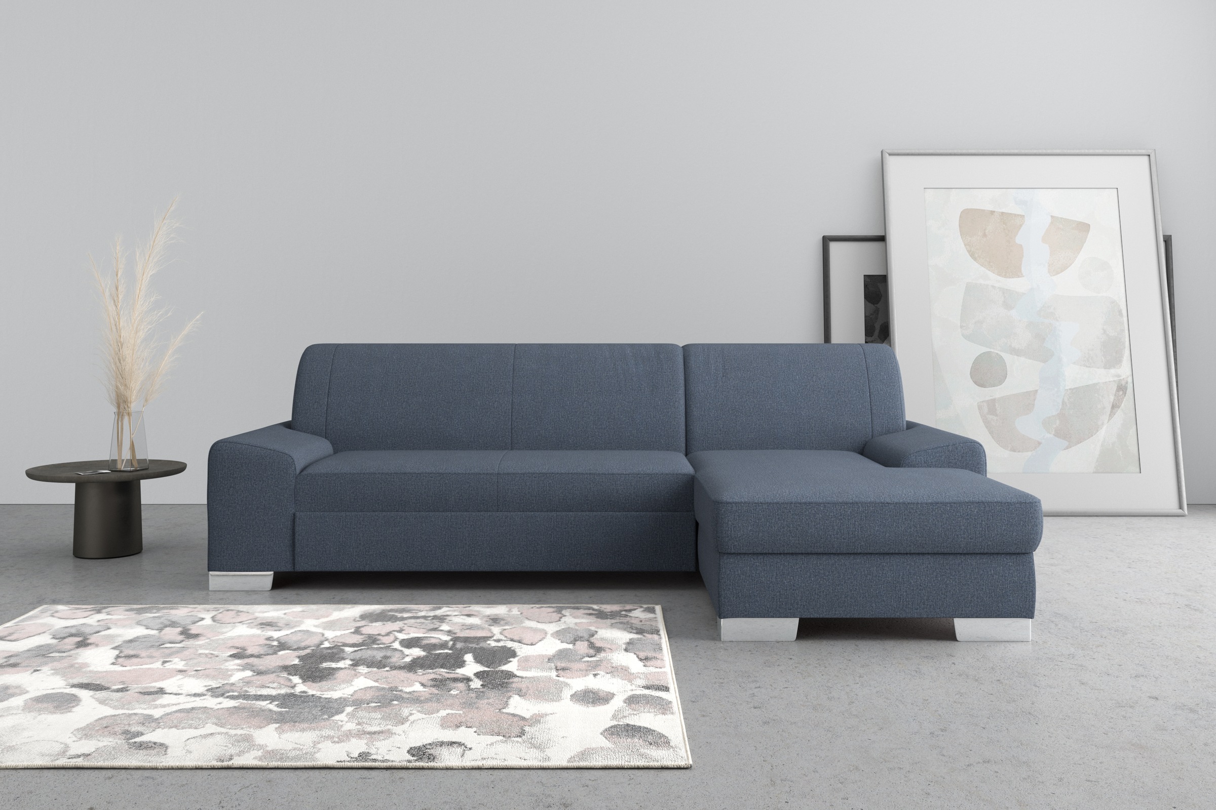 DOMO collection Ecksofa »Anzio L-Form, whlw. Bettfunktion, Federkern, hochwertig, Breite 271 cm«, Ohne Bettfunktion, Recamiere rechts, Feinstruktur, blau