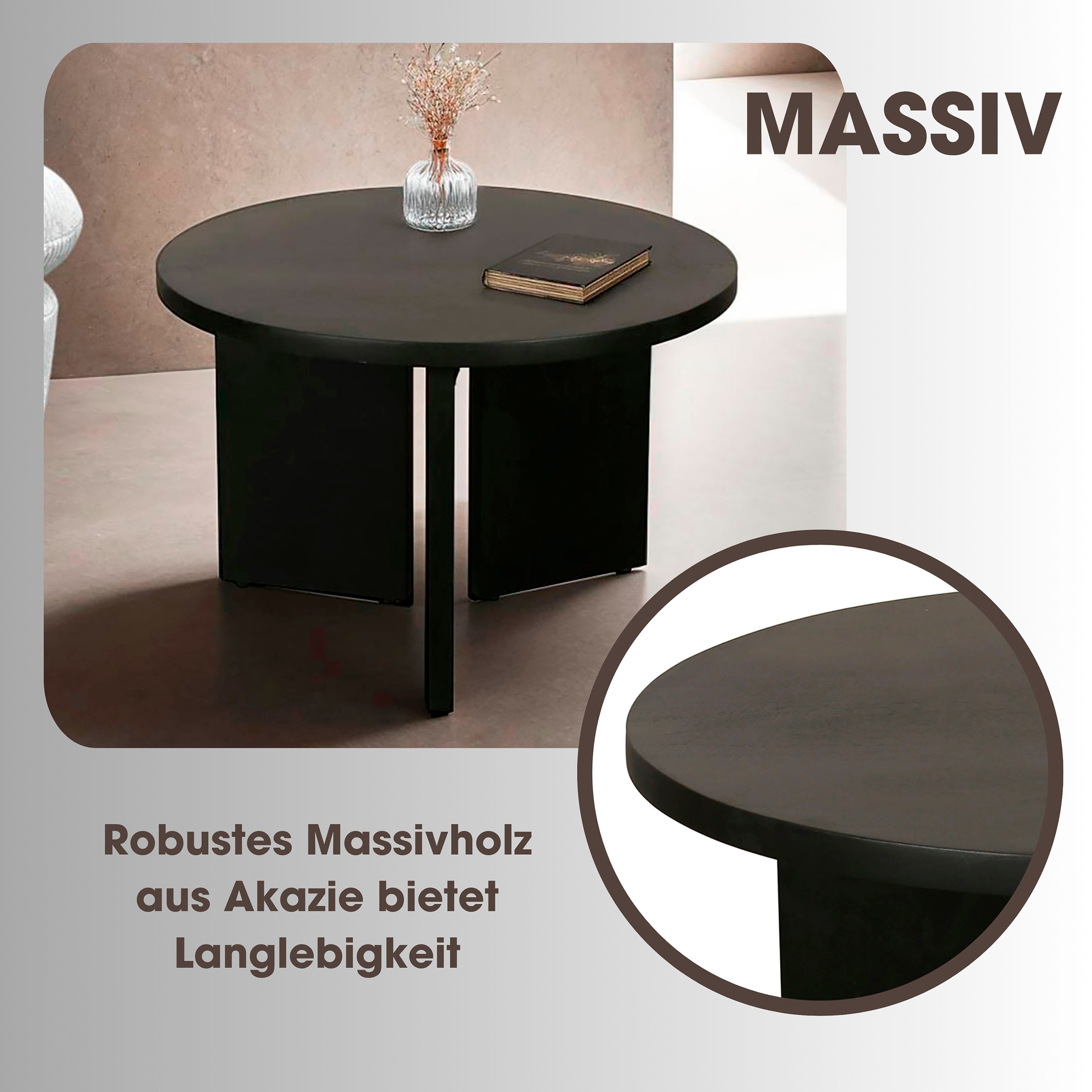 byLIVING Couchtisch »Round«, (1 St.), aus 2,5cm starkem Massivholz schwarz, einzeln oder im Set stellbar