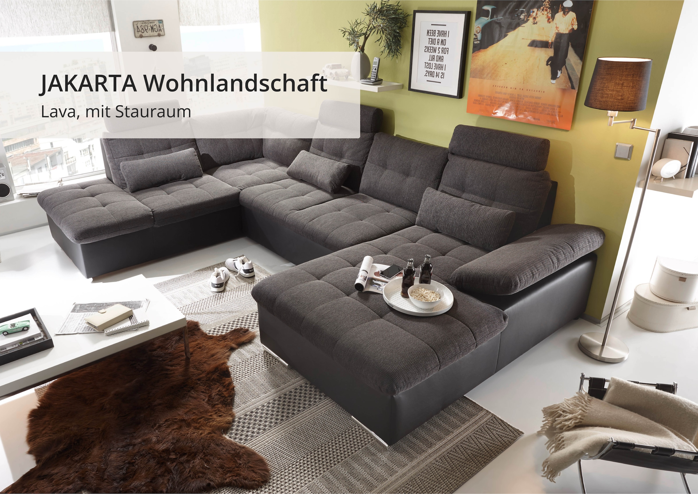 ED EXCITING DESIGN Wohnlandschaft »Jakarta U-Form mit Bettfunktion, Bettkasten« Armteilverstellung, Kopfstützen & 3 Nierenkissen