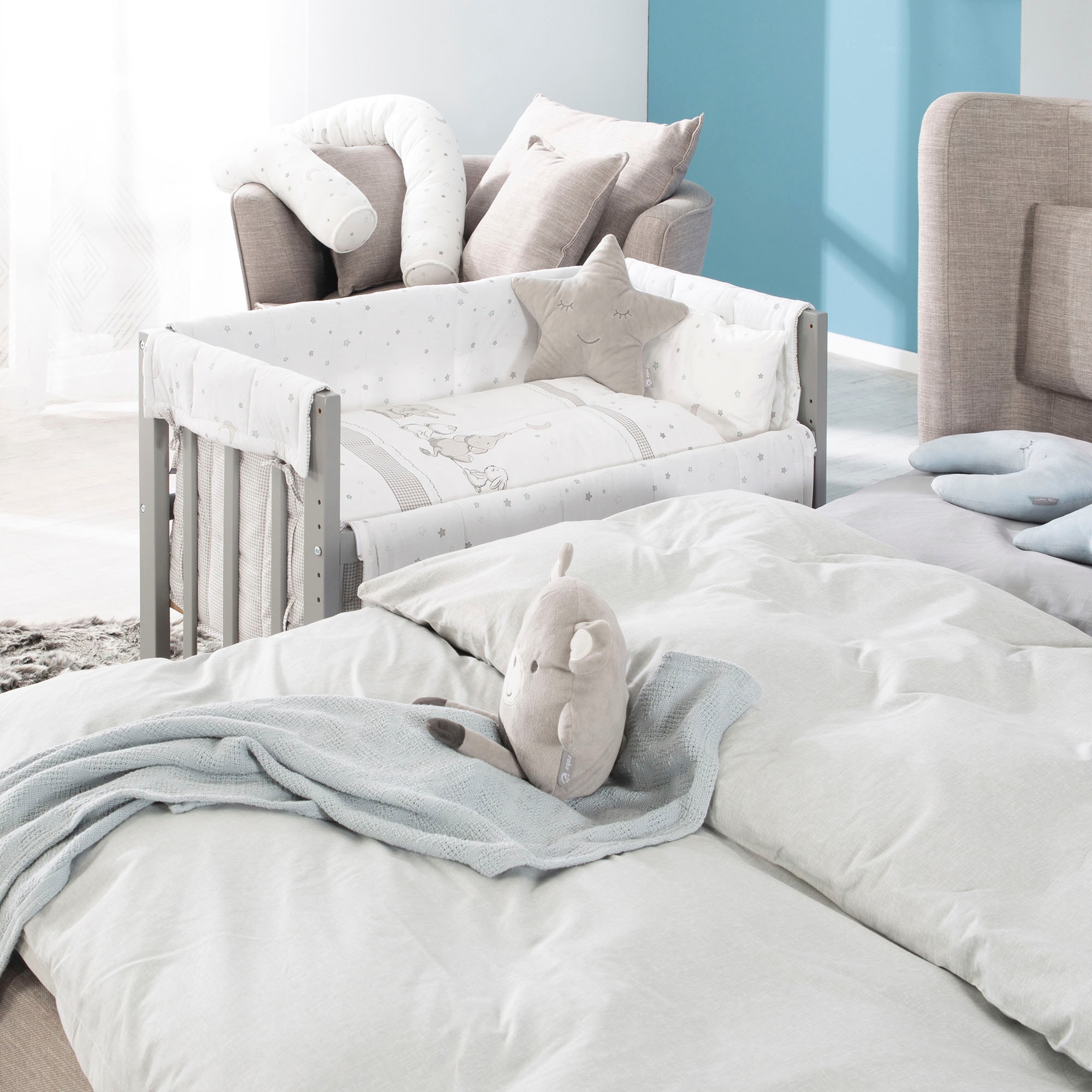 roba® Stubenbett »4 in 1, Sternenzauber, taupe«, zu Wiege, Elternbett oder Bank umbaubar