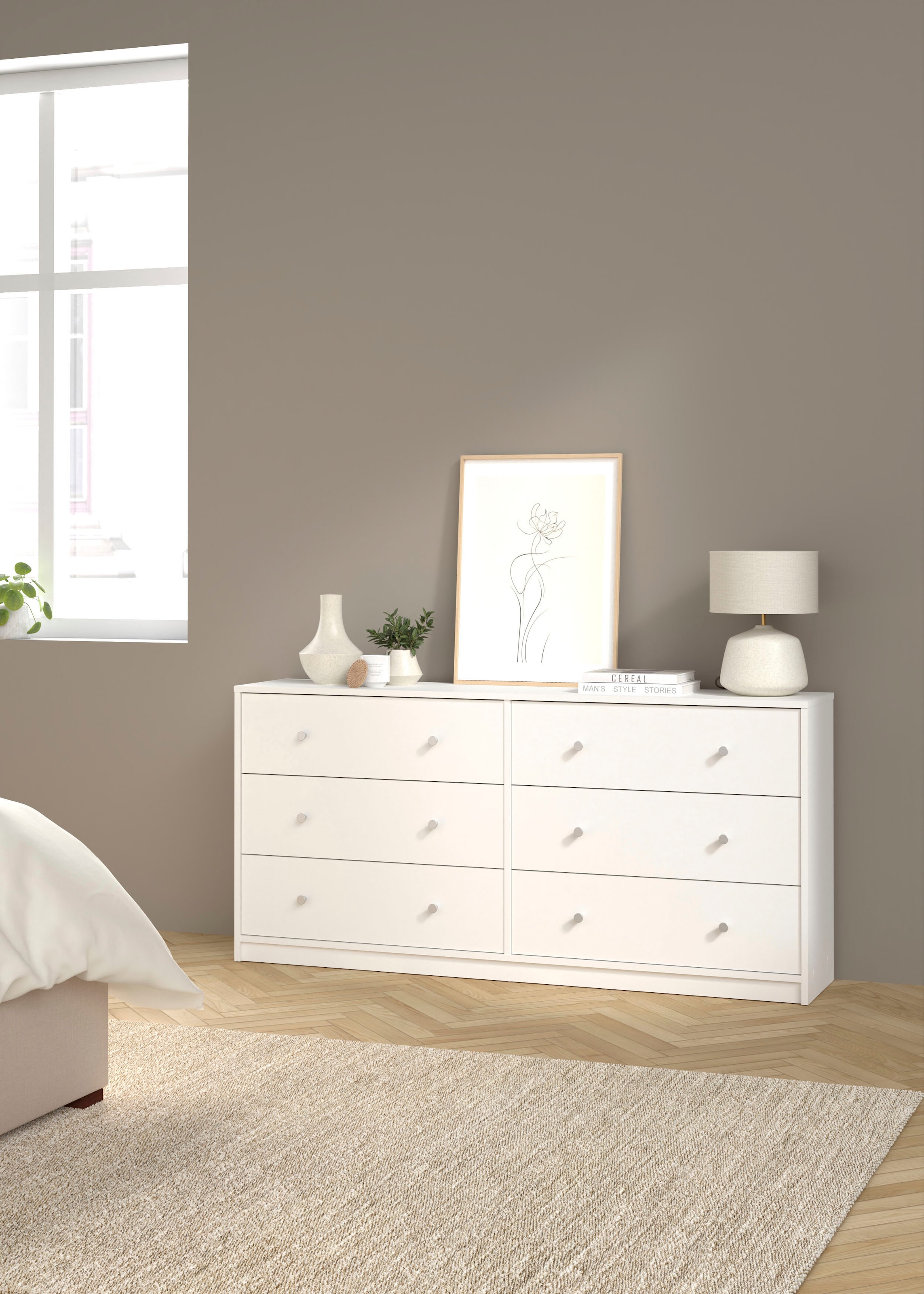 Home affaire Sideboard »May, Aufbewahrung, Schubkastenkommode, Stauraum«, mit 6 Schubladen, Knopfgriffen,Tiefe von 30 cm, Breite 143 cm