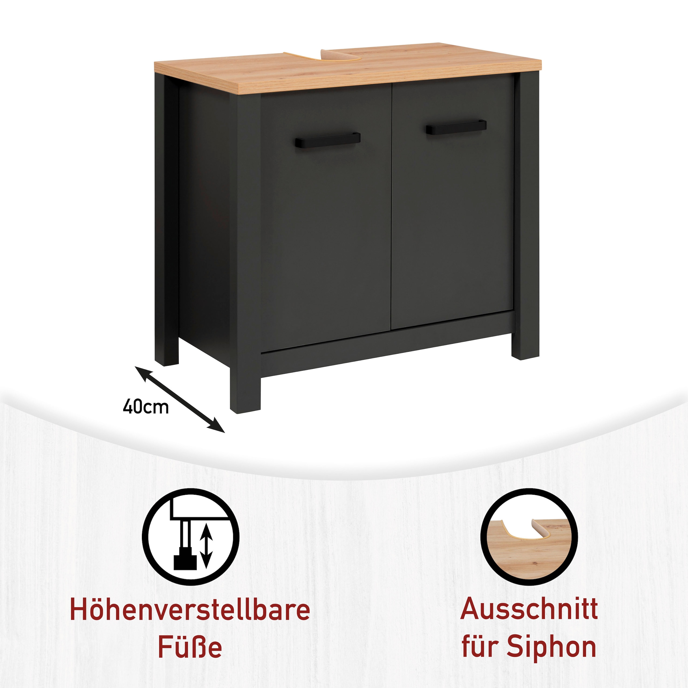Inter Link Waschbeckenunterschrank »Pienza, Badmöbel, Siphon Ausschnitt, Wasserabweisend, 70 x 40 x 63 cm« 1 Stk. tlg. Unterschrank mit Softclose, verstellbarer Einlegeboden & Füße