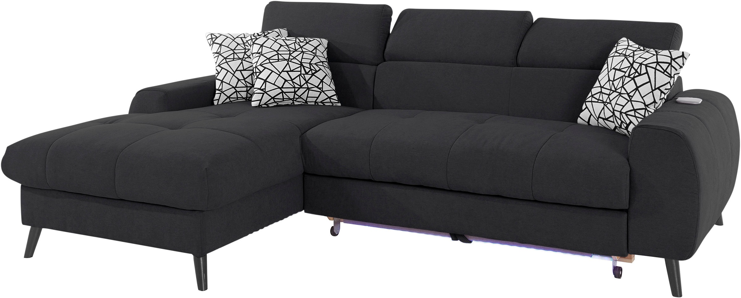 COTTA Ecksofa »Mia L-Form mit 3 Zierkissen«, wahlweise mit Bettfunktion, Bettkasten, Beleuchtung & Wireless-Charger