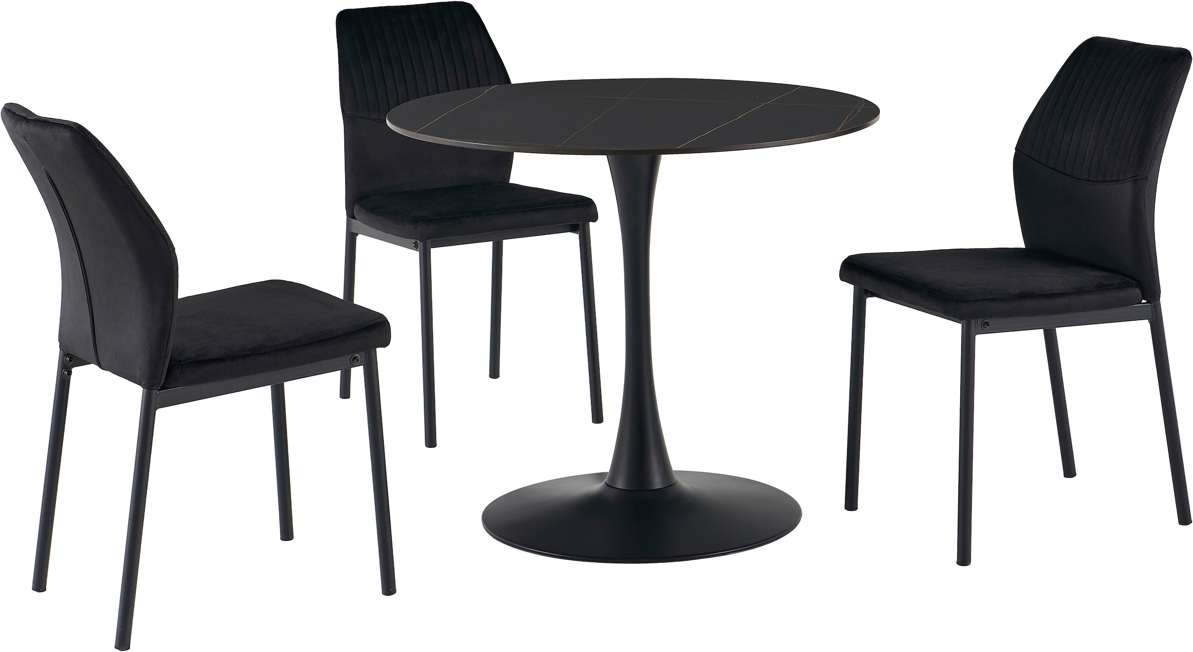 OTTO home Essgruppe »Freya« Set, 4 tlg. runder Esstisch 90 cm in Sinterstein, Black Copper mit 3 Samtstühlen