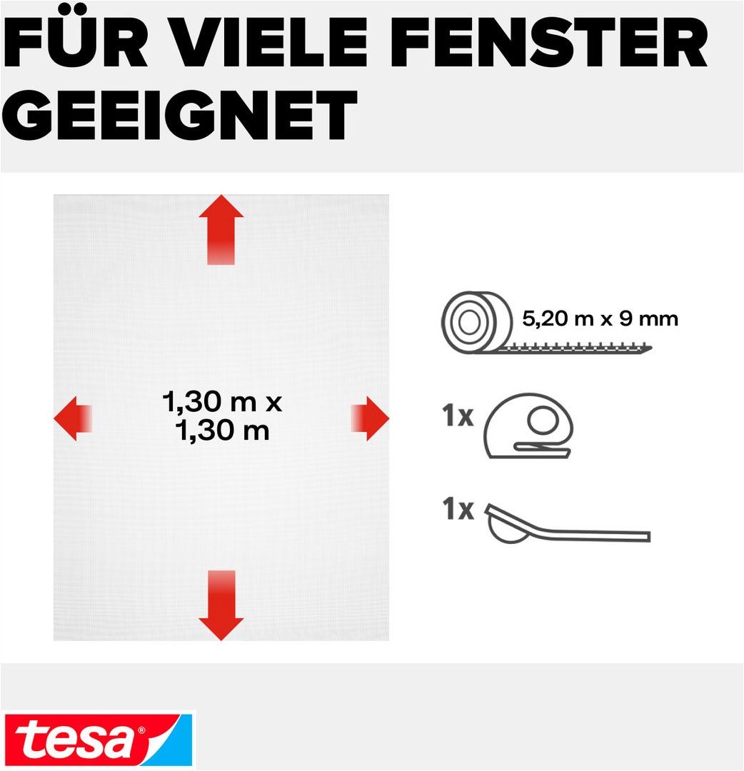 tesa Fliegengitter-Gewebe »Premium für Fenster, Insektenschutz mit Klettband« Packung, Fliegennetz, Klettband, Andrück und Schneidehilfe, 1 Stk. tlg. selbstklebende Insektenschutz - 130 cm x 130 cm